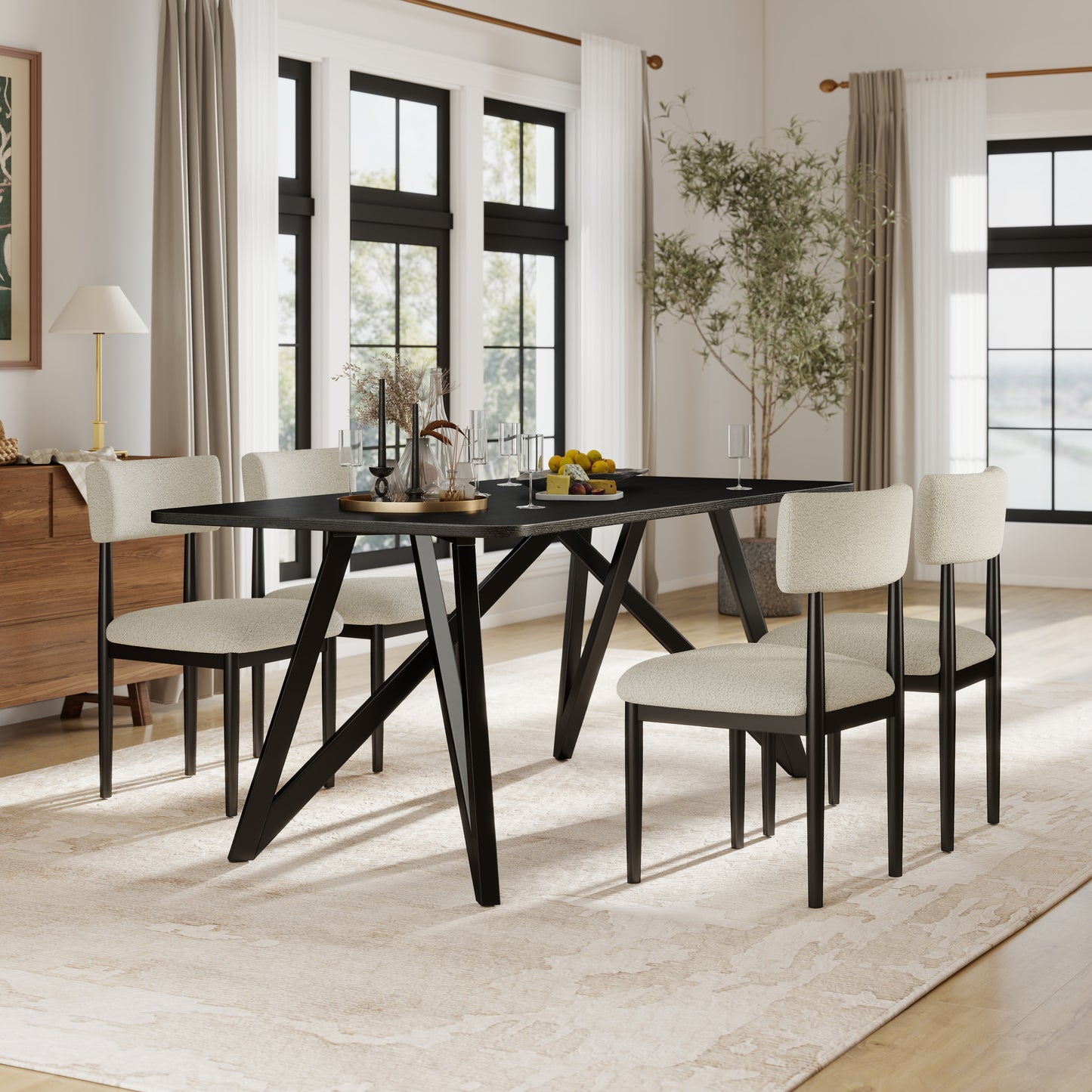 Roundhill Furniture Axler 5-Piece Dining Set, Tripod-Cross Dining Table with 4 Boucle Chairs