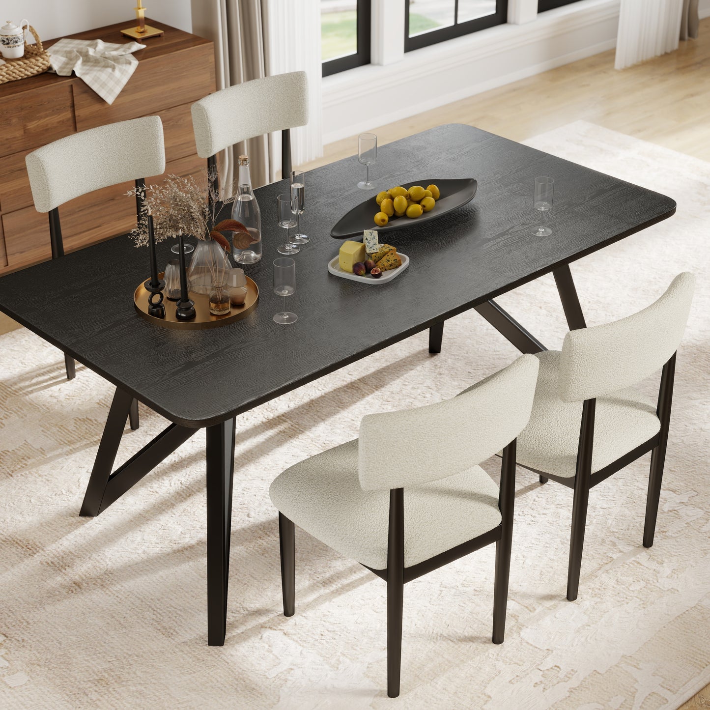 Roundhill Furniture Axler 5-Piece Dining Set, Tripod-Cross Dining Table with 4 Boucle Chairs