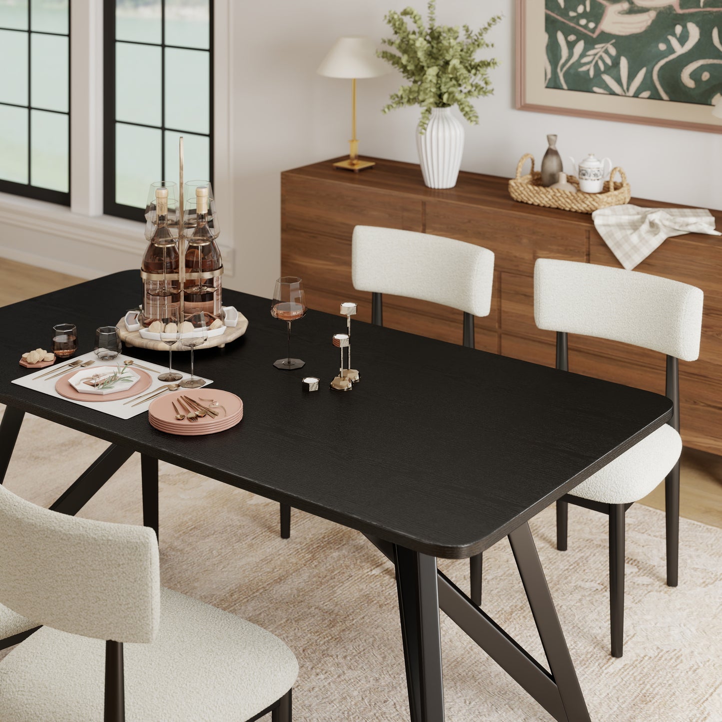 Roundhill Furniture Axler 5-Piece Dining Set, Tripod-Cross Dining Table with 4 Boucle Chairs