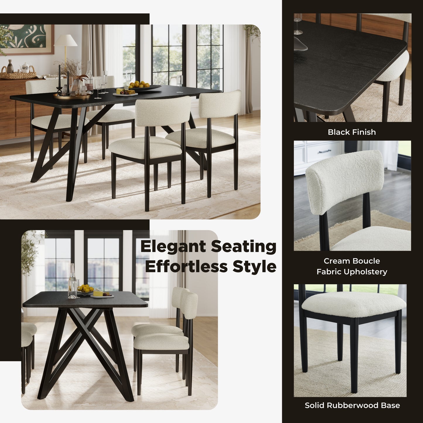 Roundhill Furniture Axler 5-Piece Dining Set, Tripod-Cross Dining Table with 4 Boucle Chairs