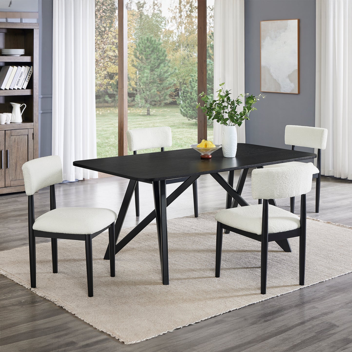 Roundhill Furniture Axler 5-Piece Dining Set, Tripod-Cross Dining Table with 4 Boucle Chairs