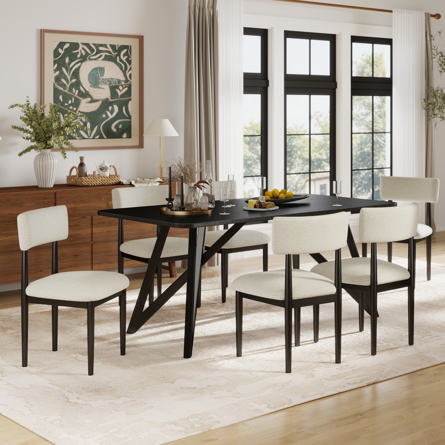 Roundhill Furniture Axler 7-Piece Dining Set, Tripod-Cross Dining Table with 6 Boucle Chairs