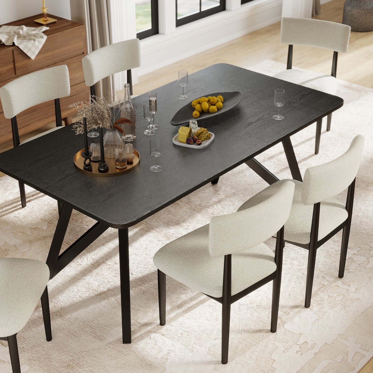 Roundhill Furniture Axler 7-Piece Dining Set, Tripod-Cross Dining Table with 6 Boucle Chairs