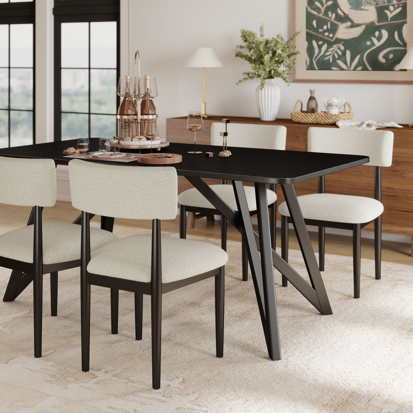 Roundhill Furniture Axler 7-Piece Dining Set, Tripod-Cross Dining Table with 6 Boucle Chairs