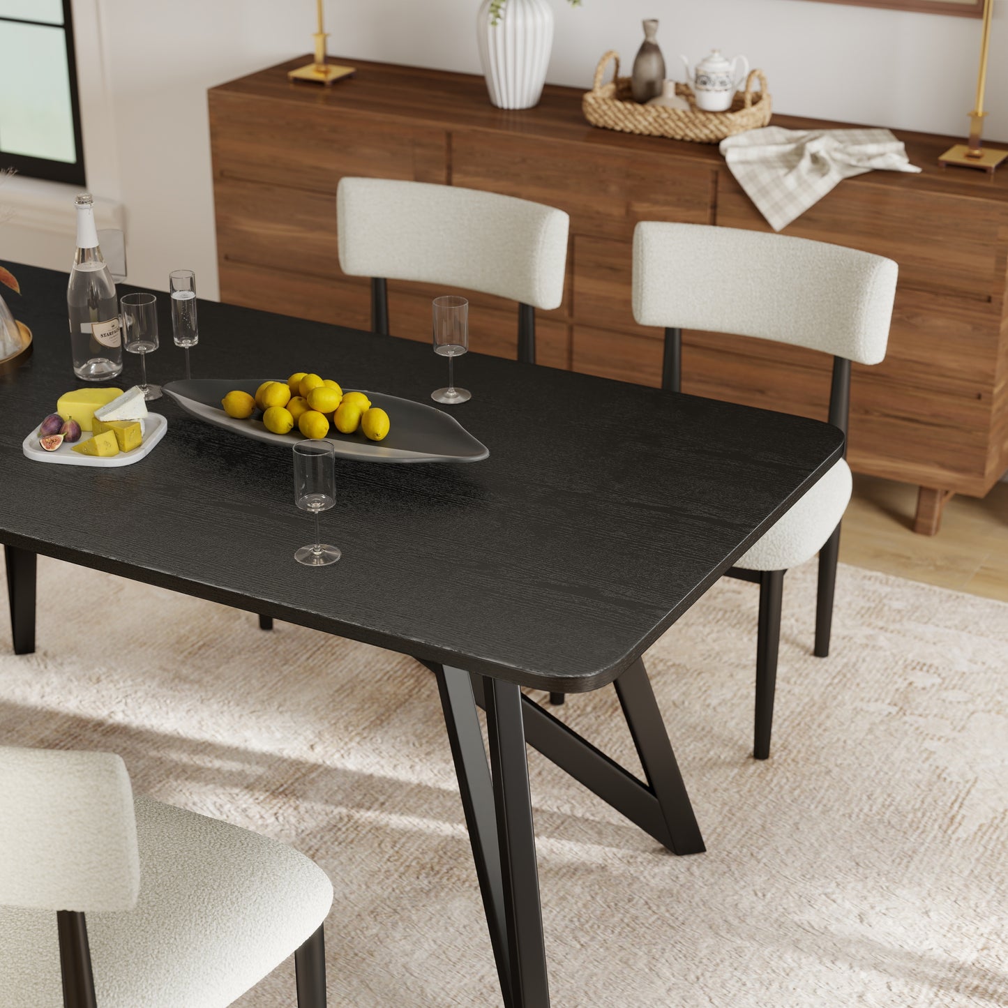 Roundhill Furniture Axler 7-Piece Dining Set, Tripod-Cross Dining Table with 6 Boucle Chairs