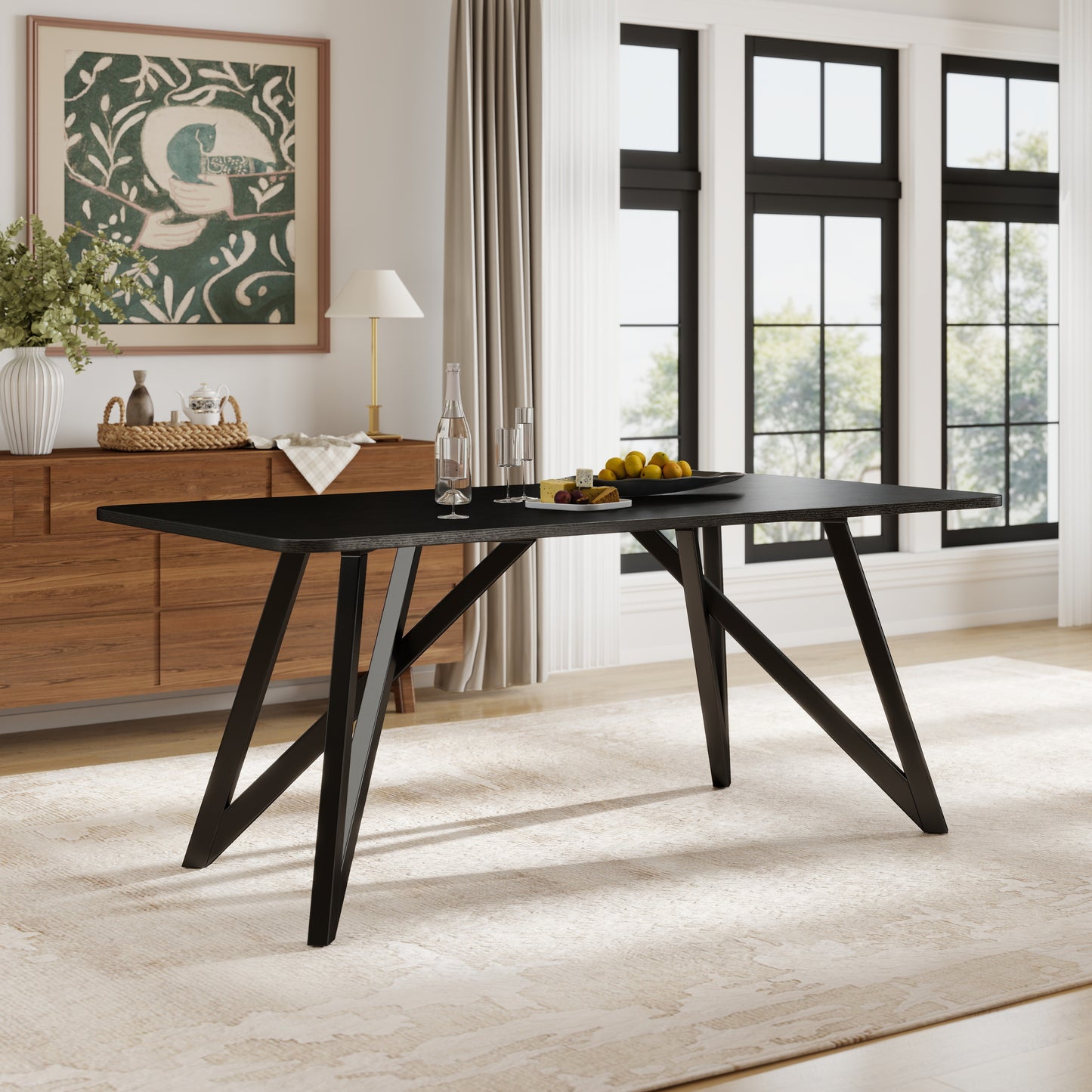 Roundhill Furniture Axler 7-Piece Dining Set, Tripod-Cross Dining Table with 6 Boucle Chairs