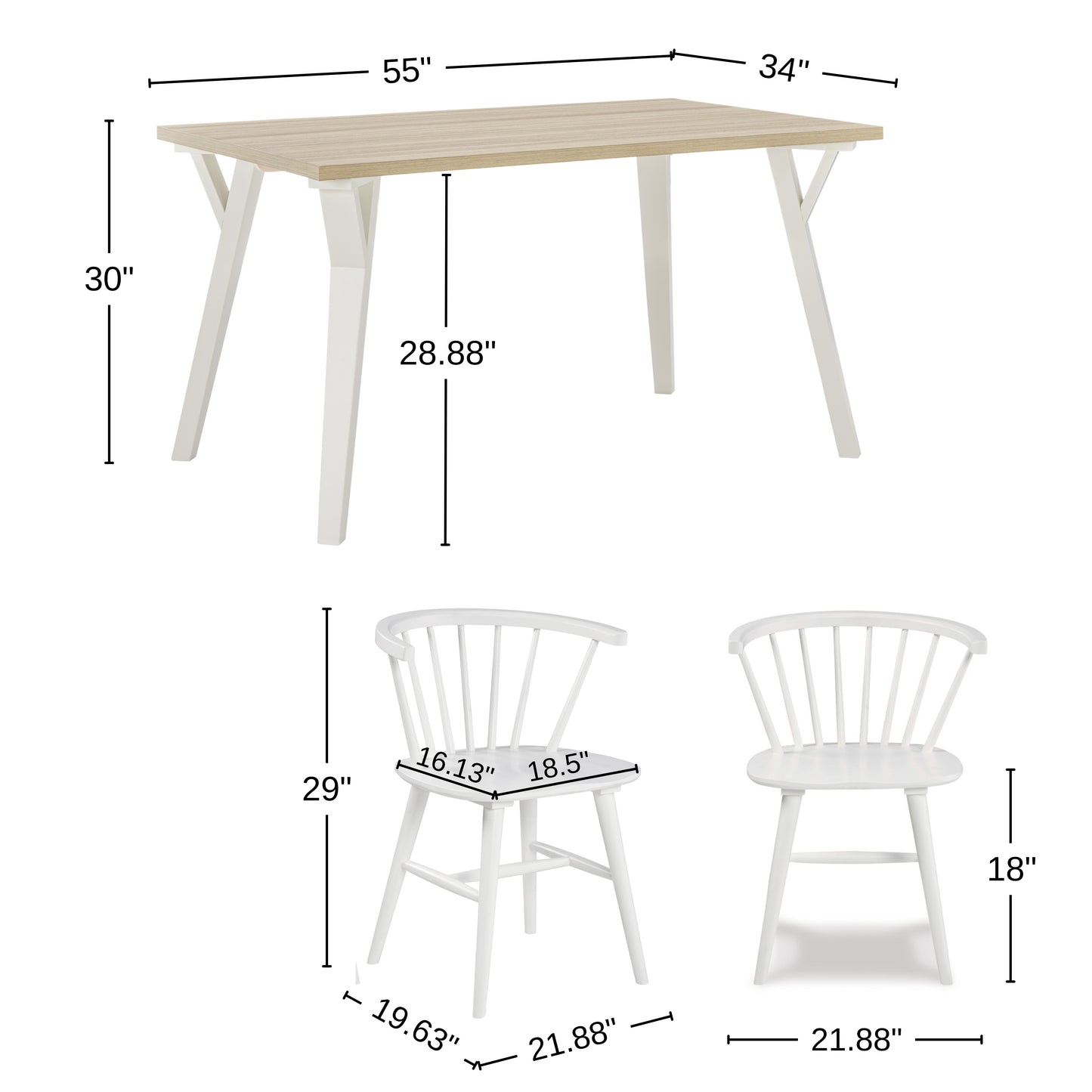 Alwynn White and Natural Wood 5-piece Dining Set, Dining Table with 4 Windsor Chairs