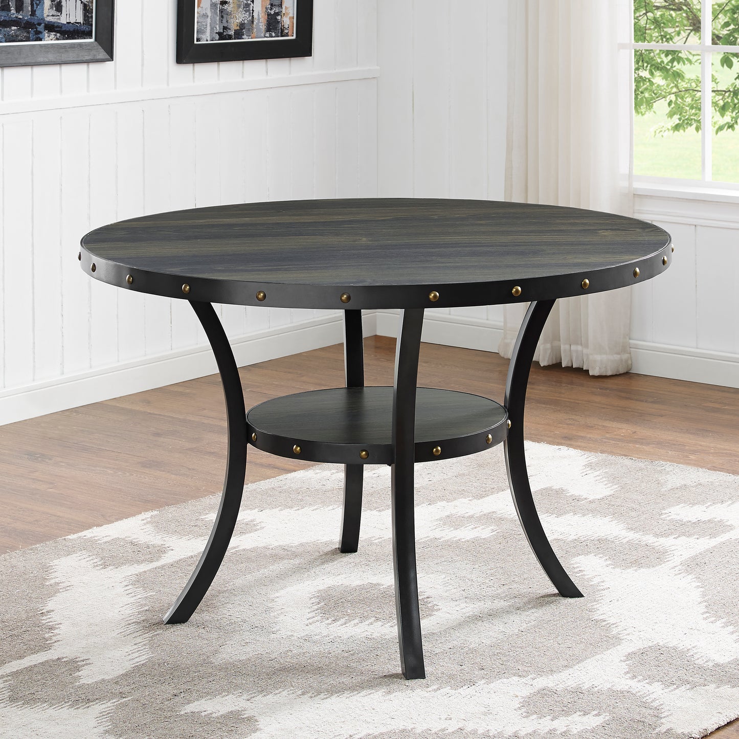 Biony Espresso Wood Dining Set with Blue Fabric Nailhead Chairs