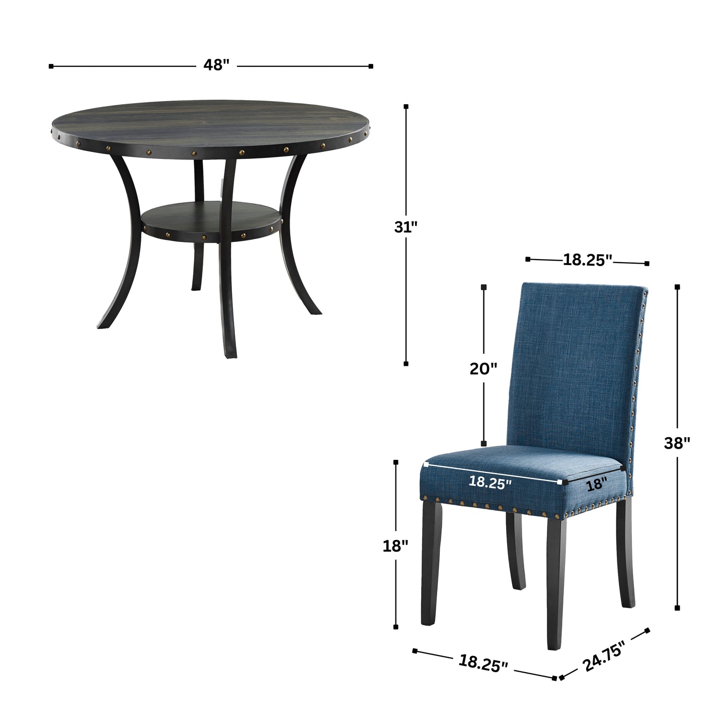Biony Espresso Wood Dining Set with Blue Fabric Nailhead Chairs
