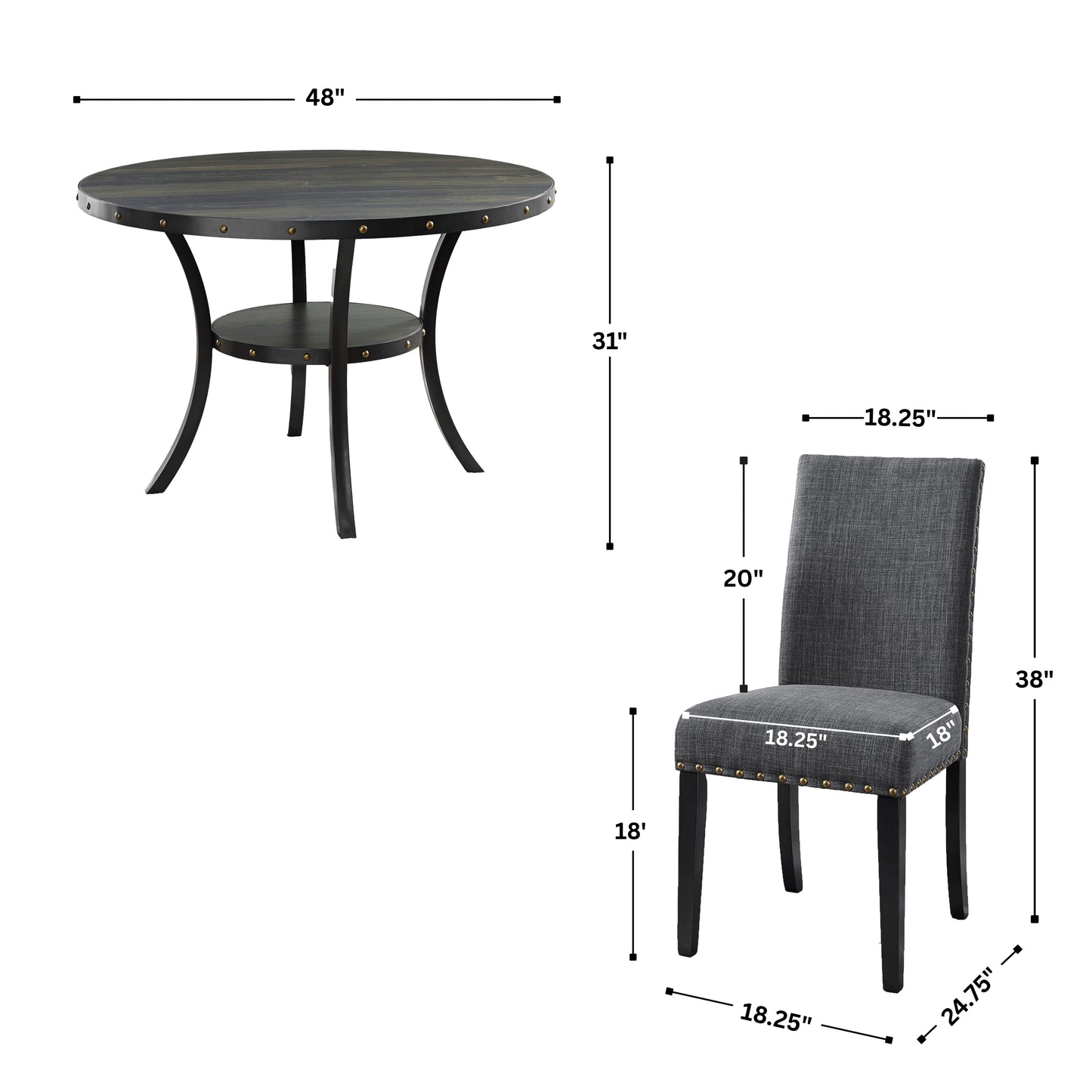 Roundhill Furniture Biony Espresso Wood Dining Set with 4 Fabric Nailhead Chairs