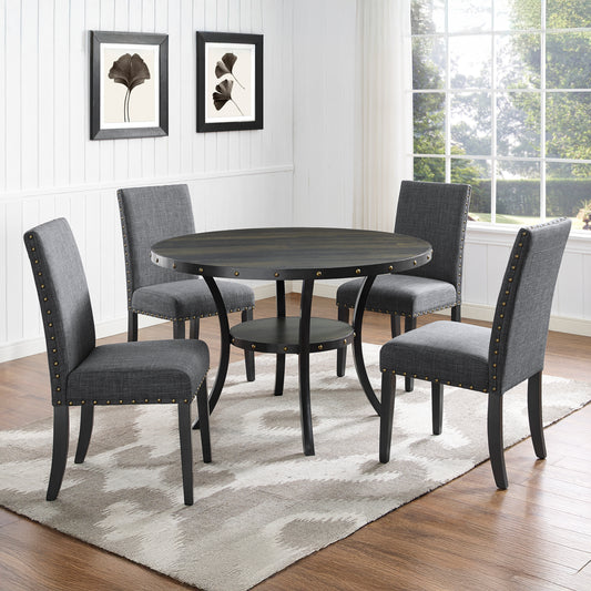 Biony Espresso Wood Dining Set with Gray Fabric Nailhead Chairs