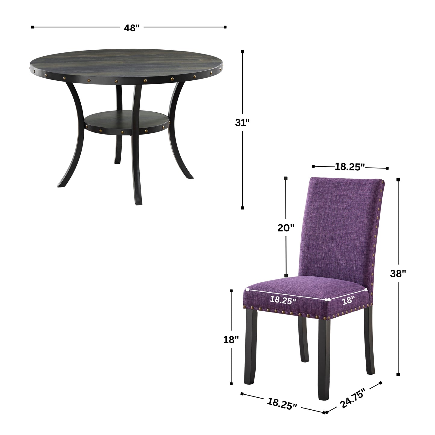 Roundhill Furniture Biony Espresso Wood Dining Set with 4 Fabric Nailhead Chairs
