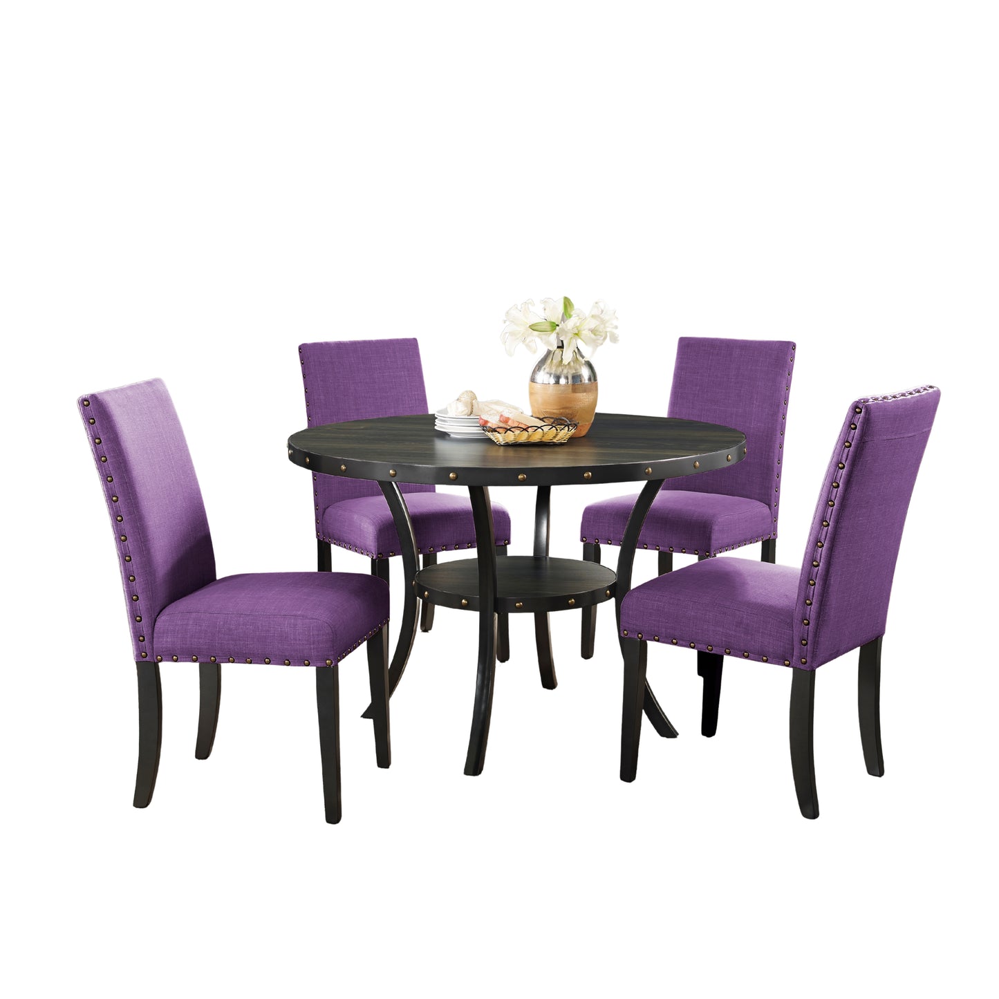 Roundhill Furniture Biony Espresso Wood Dining Set with 4 Fabric Nailhead Chairs
