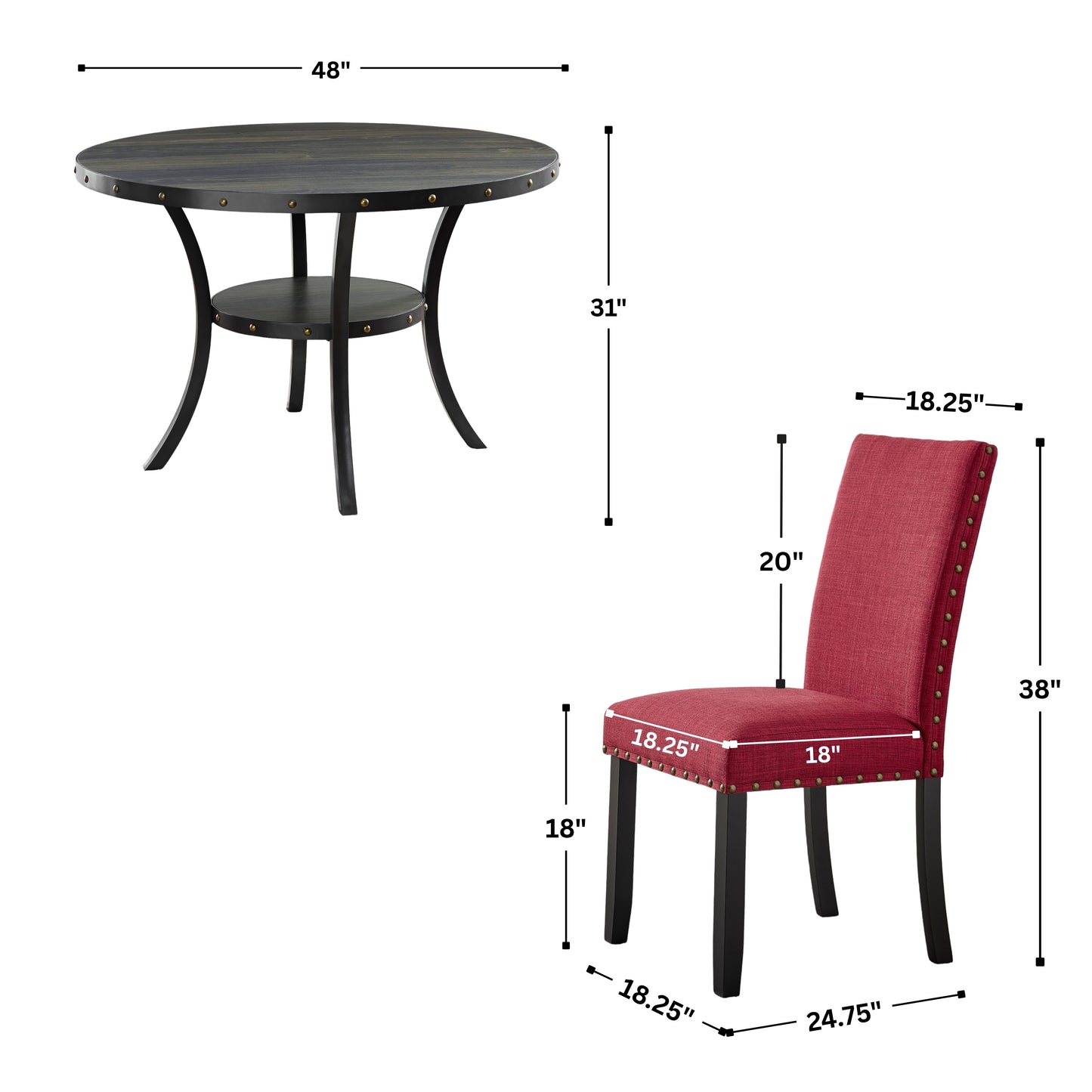 Roundhill Furniture Biony Espresso Wood Dining Set with 4 Fabric Nailhead Chairs