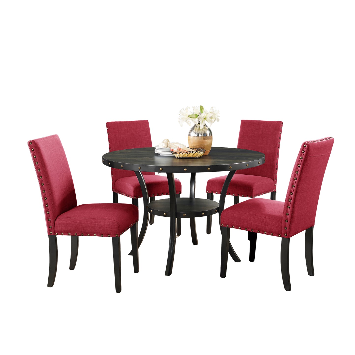 Roundhill Furniture Biony Espresso Wood Dining Set with 4 Fabric Nailhead Chairs