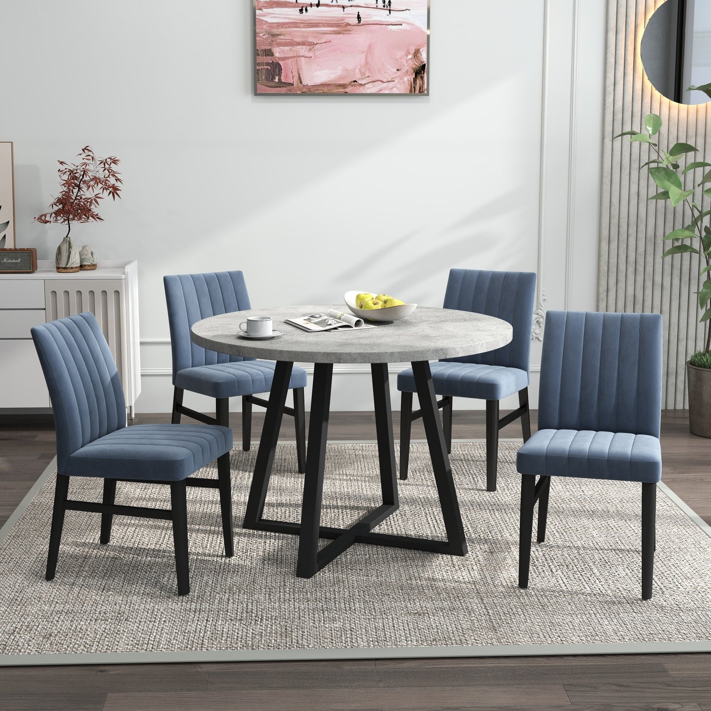 Tabner Edo 5-Piece Dining Set, Round Trestle Table and 4 Upholstered Chairs