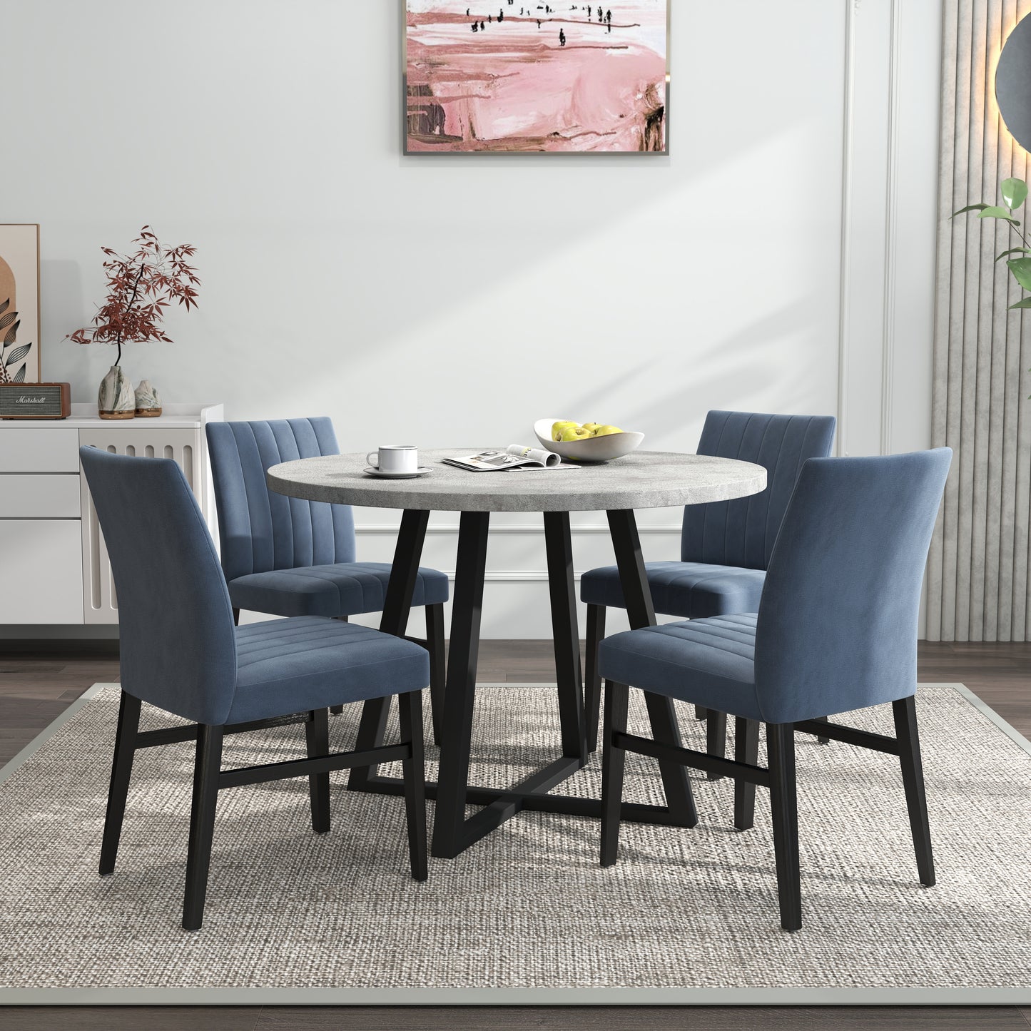 Tabner Edo 5-Piece Dining Set, Round Trestle Table and 4 Upholstered Chairs