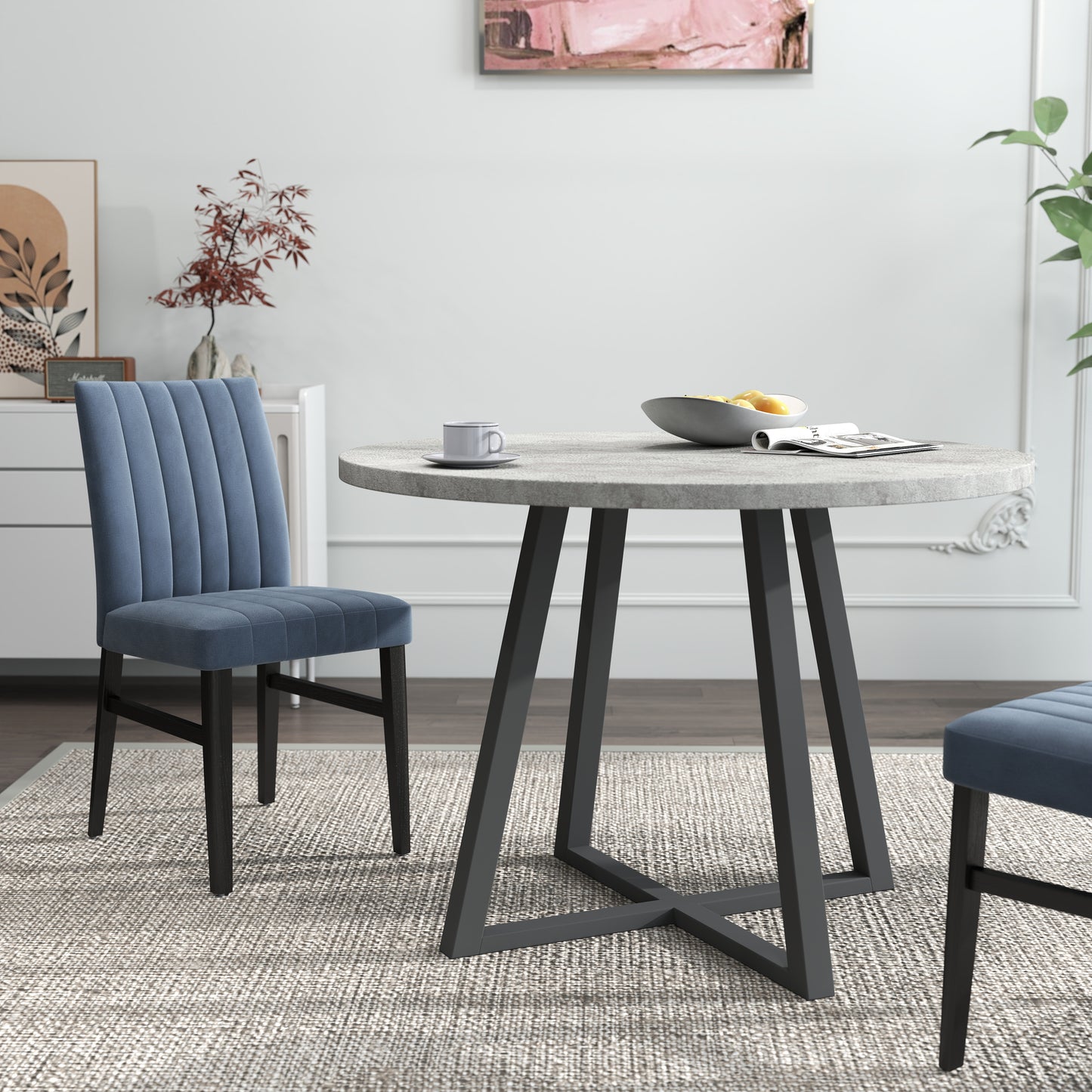 Tabner Edo 5-Piece Dining Set, Round Trestle Table and 4 Upholstered Chairs