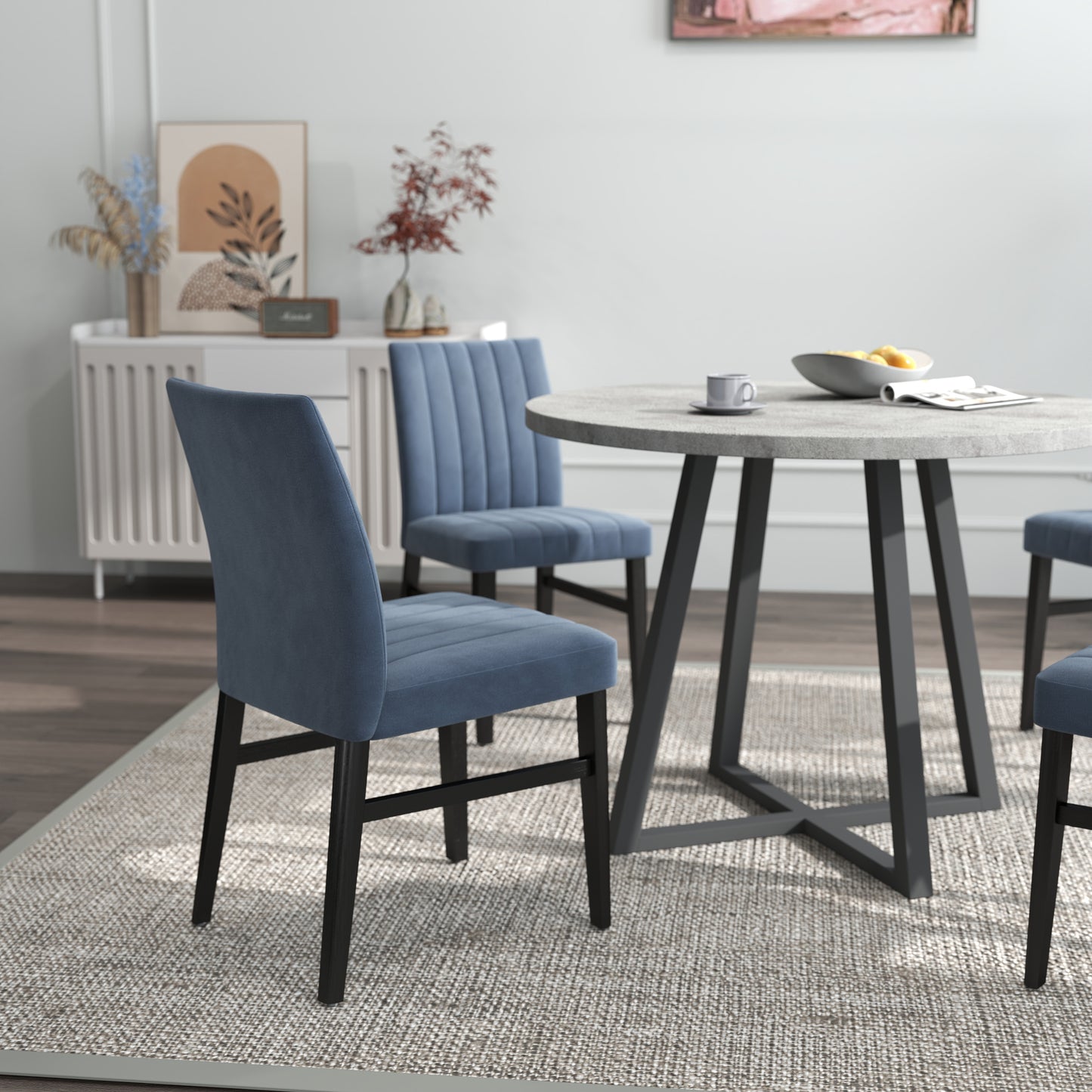 Tabner Edo 5-Piece Dining Set, Round Trestle Table and 4 Upholstered Chairs