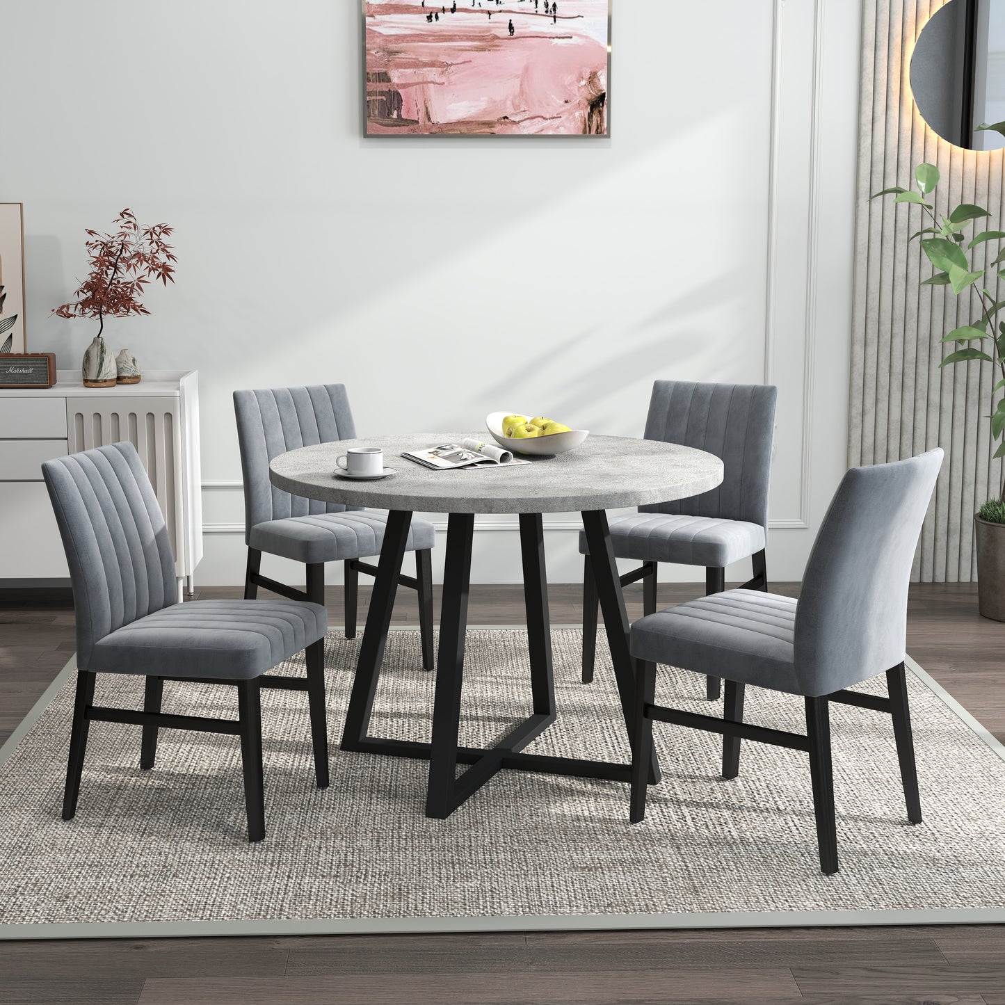 Tabner Edo 5-Piece Dining Set, Round Trestle Table and 4 Upholstered Chairs