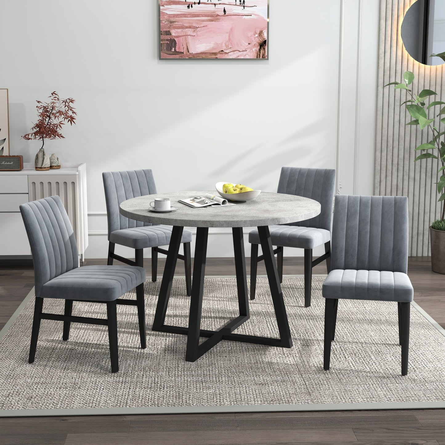 Tabner Edo 5-Piece Dining Set, Round Trestle Table and 4 Upholstered Chairs