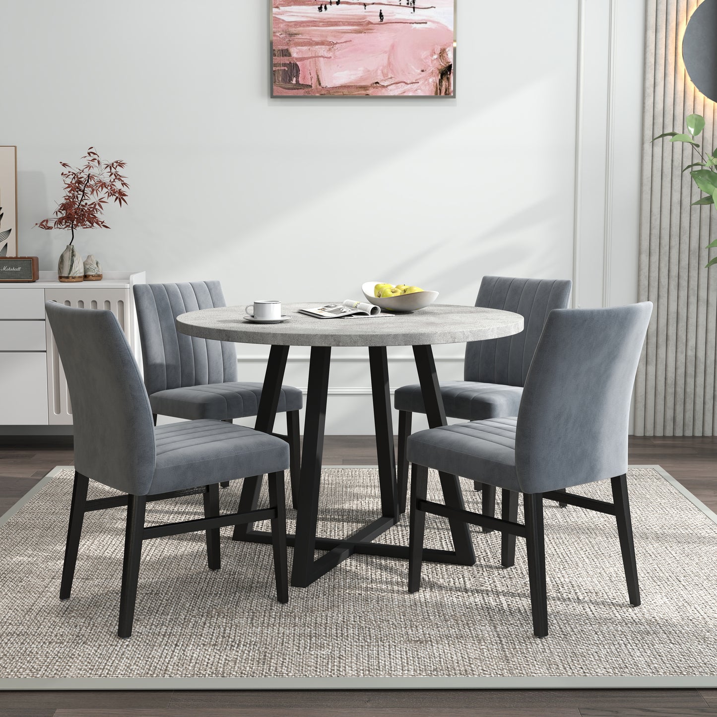 Tabner Edo 5-Piece Dining Set, Round Trestle Table and 4 Upholstered Chairs