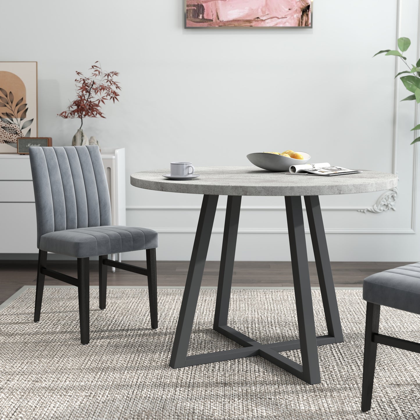 Tabner Edo 5-Piece Dining Set, Round Trestle Table and 4 Upholstered Chairs