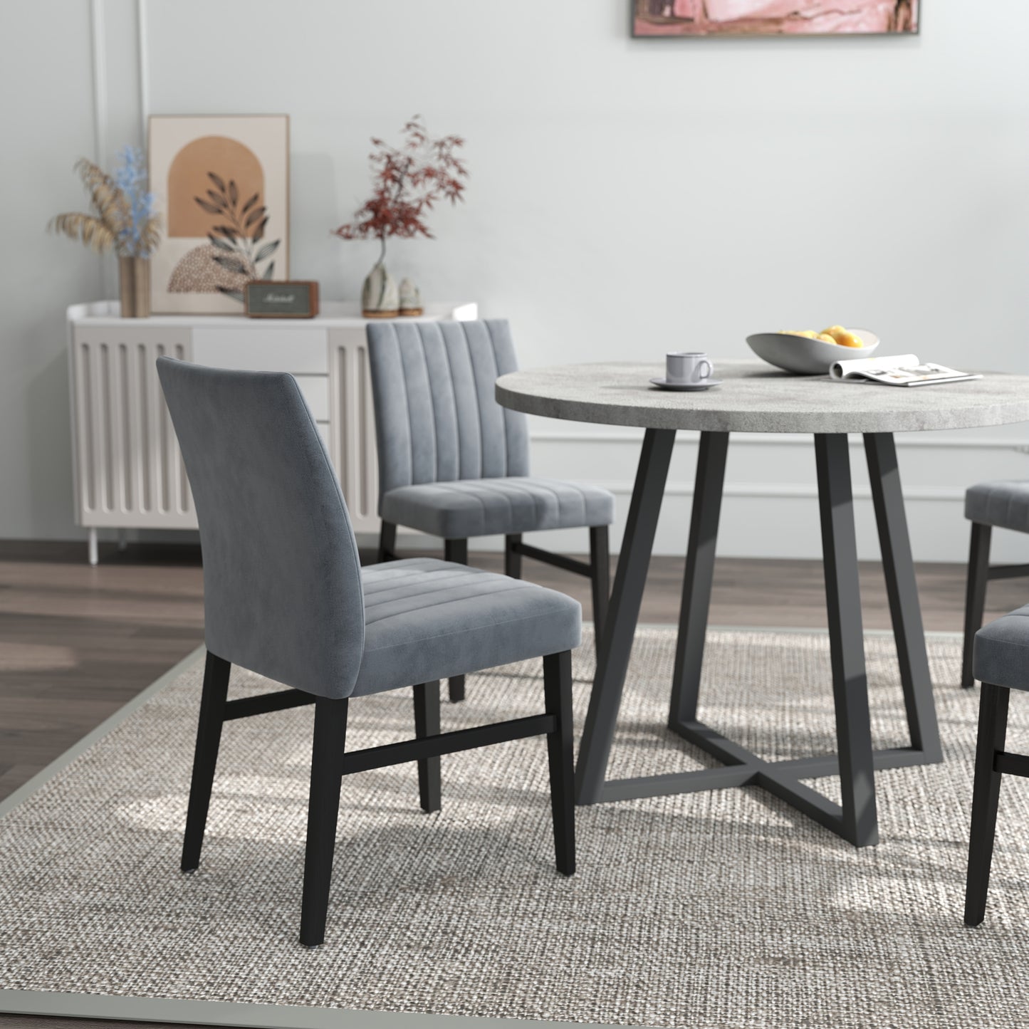 Tabner Edo 5-Piece Dining Set, Round Trestle Table and 4 Upholstered Chairs