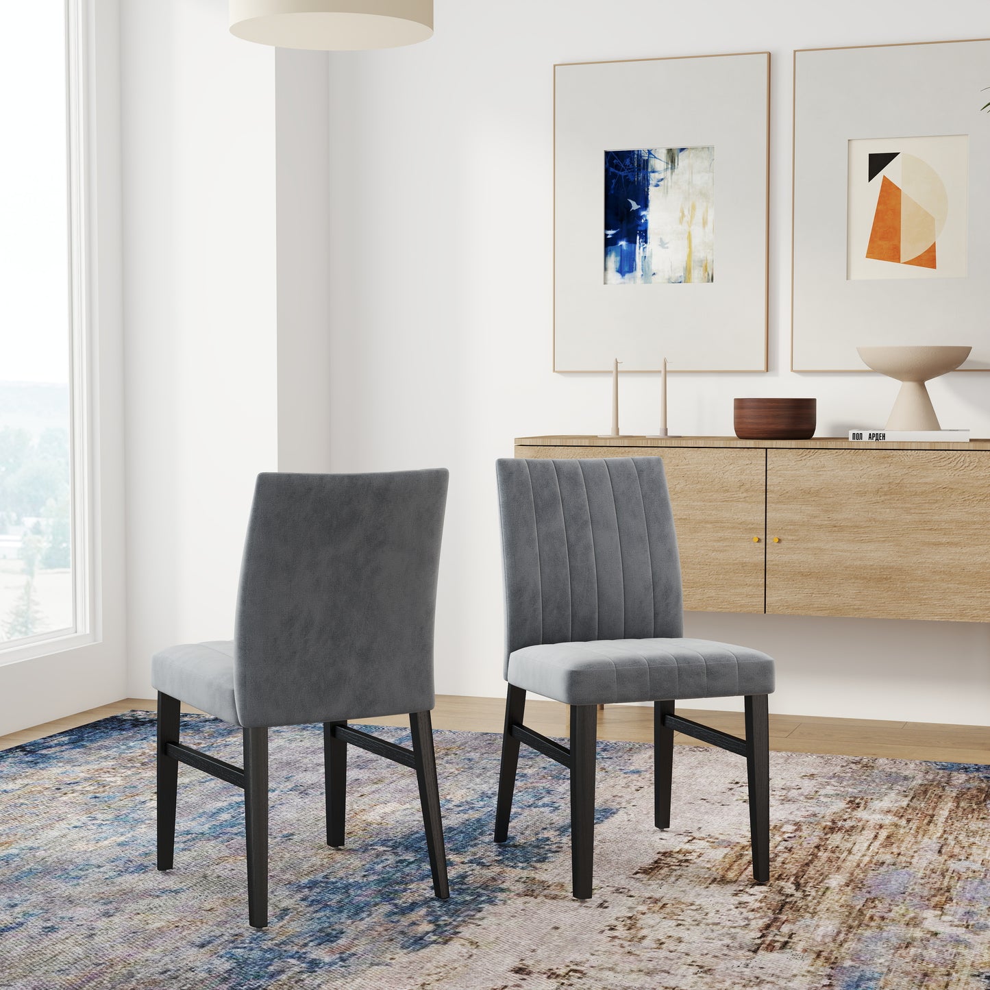 Tabner Edo 5-Piece Dining Set, Round Trestle Table and 4 Upholstered Chairs