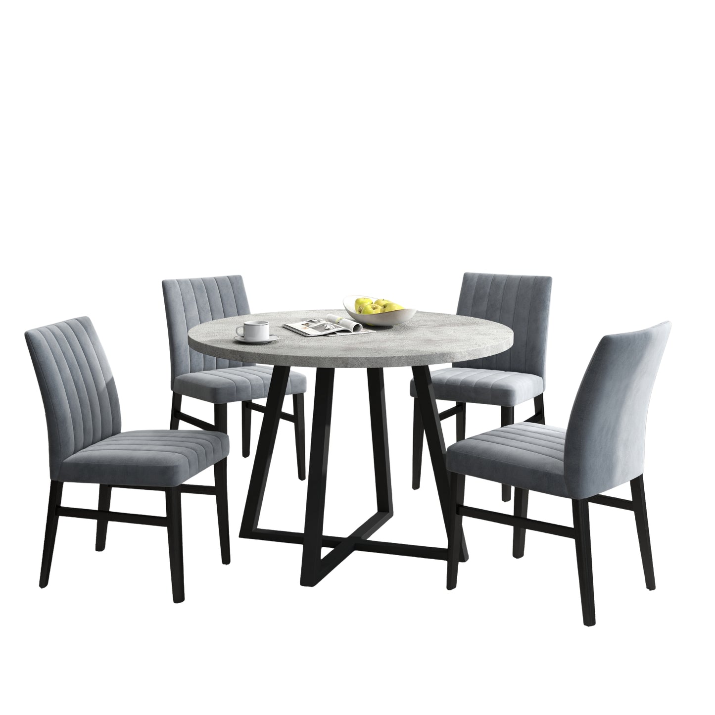Tabner Edo 5-Piece Dining Set, Round Trestle Table and 4 Upholstered Chairs