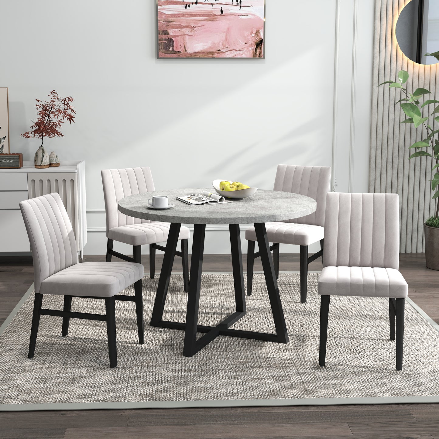Tabner Edo 5-Piece Dining Set, Round Trestle Table and 4 Upholstered Chairs