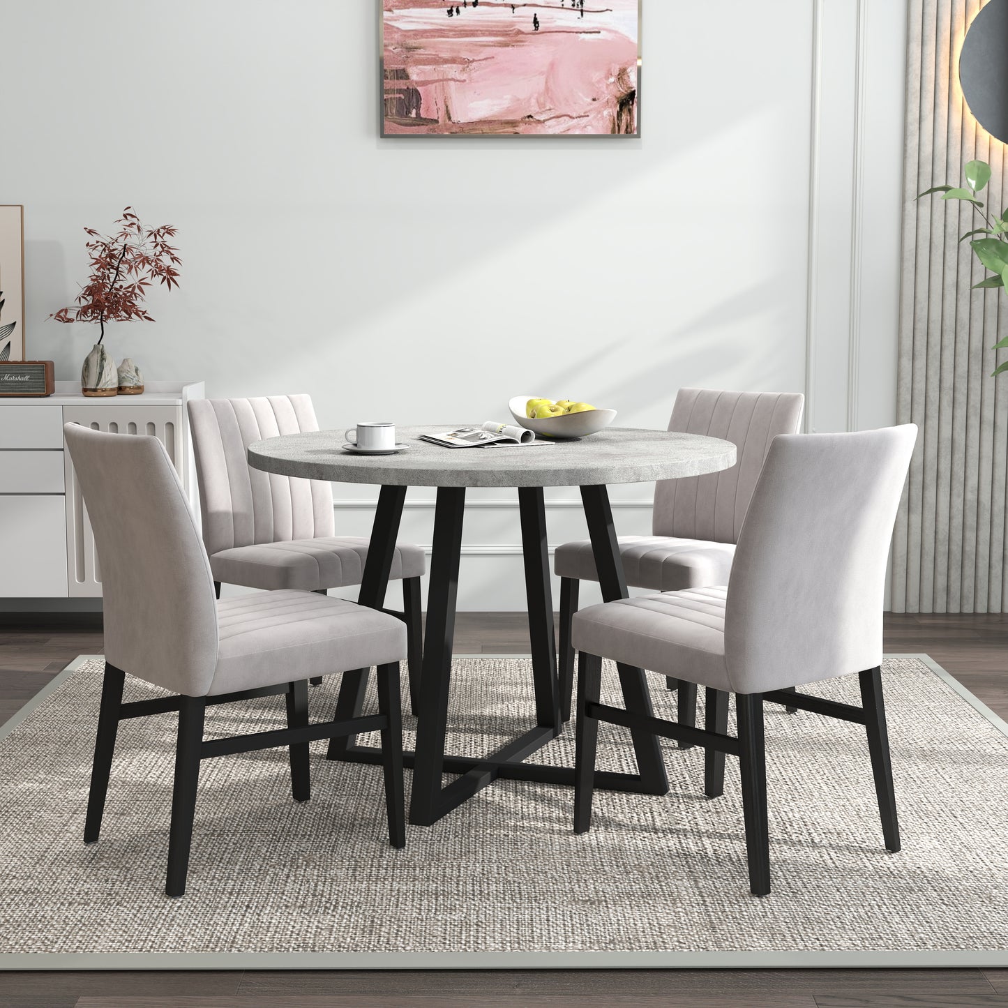 Tabner Edo 5-Piece Dining Set, Round Trestle Table and 4 Upholstered Chairs
