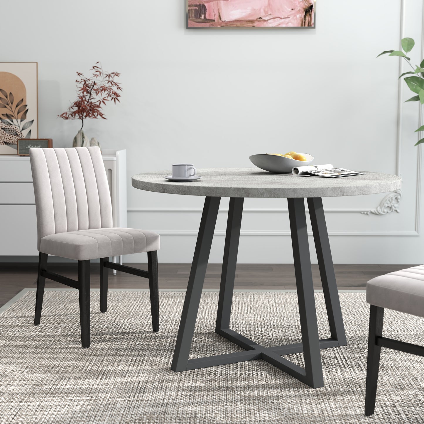 Tabner Edo 5-Piece Dining Set, Round Trestle Table and 4 Upholstered Chairs