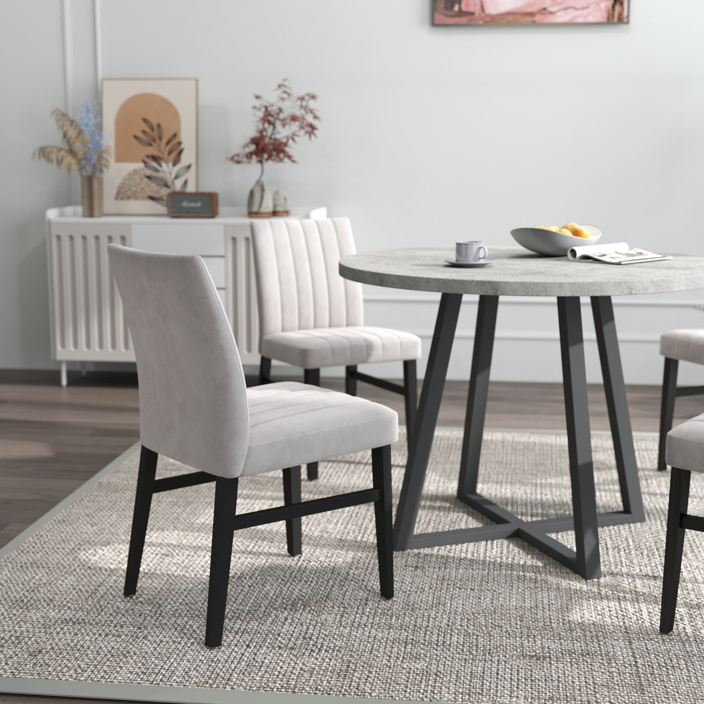 Tabner Edo 5-Piece Dining Set, Round Trestle Table and 4 Upholstered Chairs