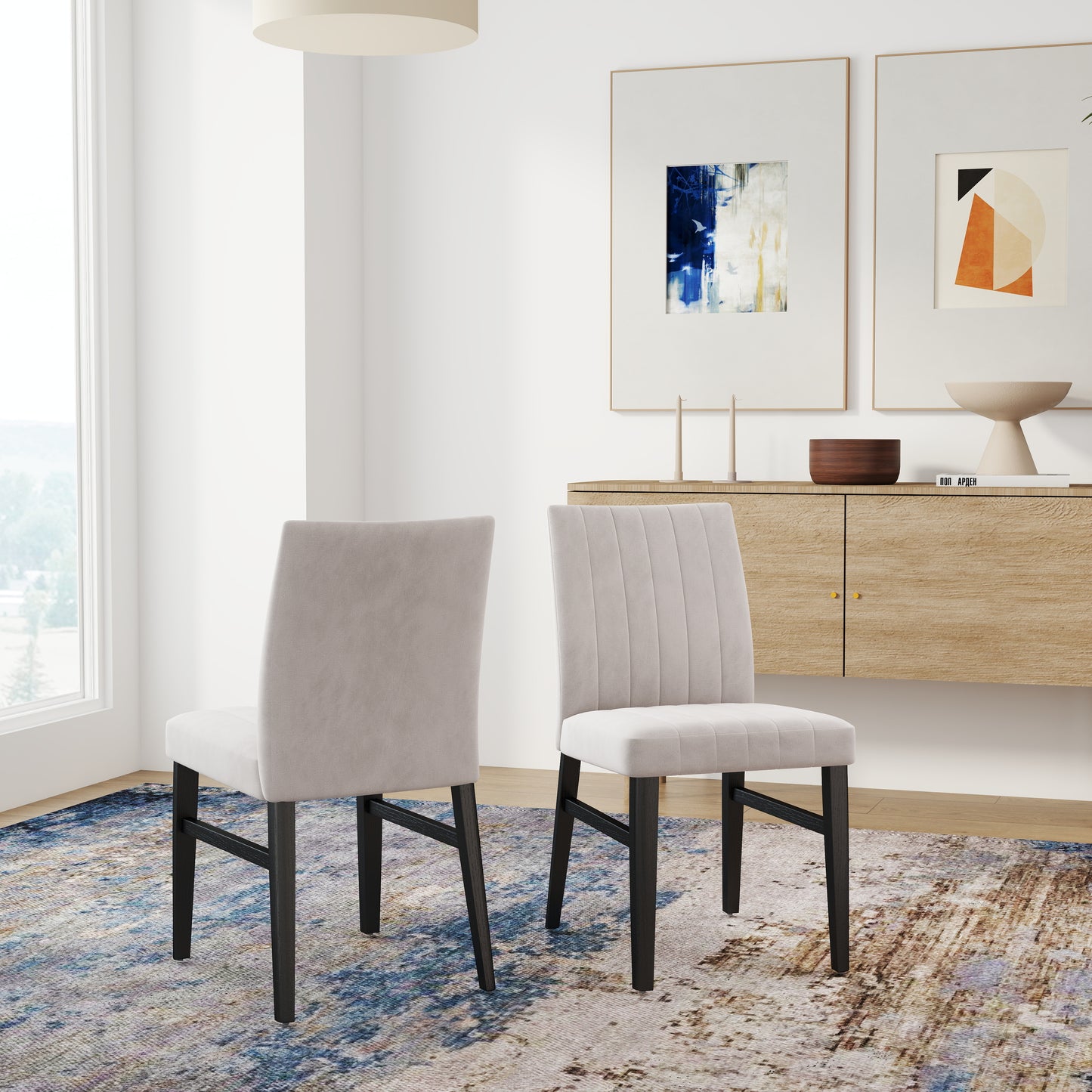 Tabner Edo 5-Piece Dining Set, Round Trestle Table and 4 Upholstered Chairs