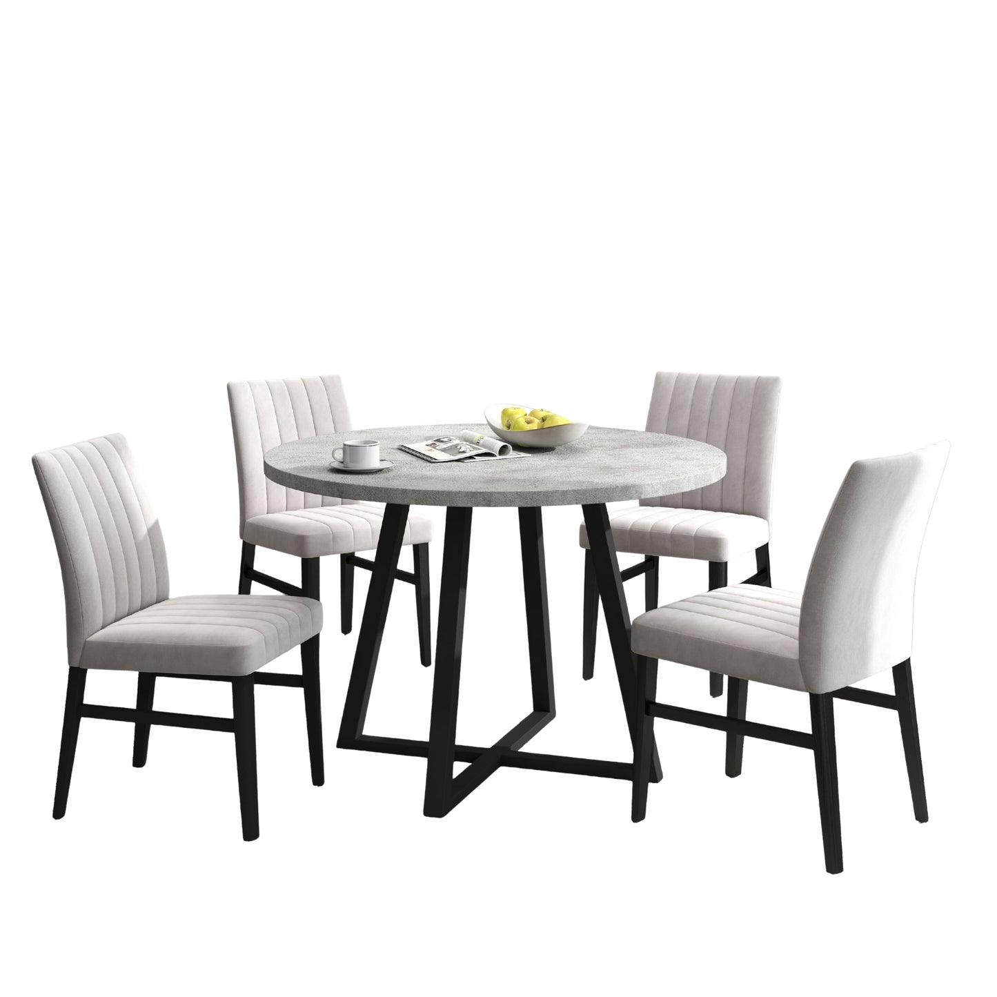 Tabner Edo 5-Piece Dining Set, Round Trestle Table and 4 Upholstered Chairs