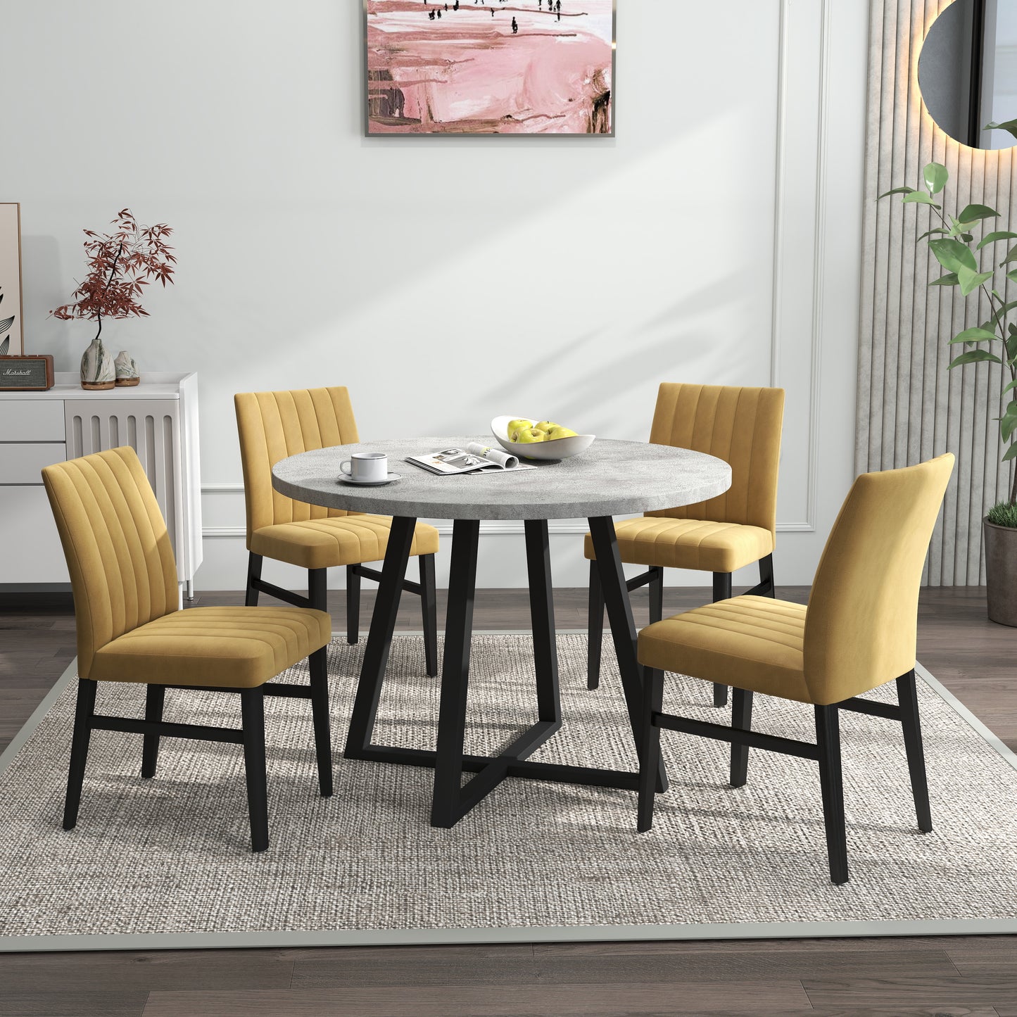 Tabner Edo 5-Piece Dining Set, Round Trestle Table and 4 Upholstered Chairs