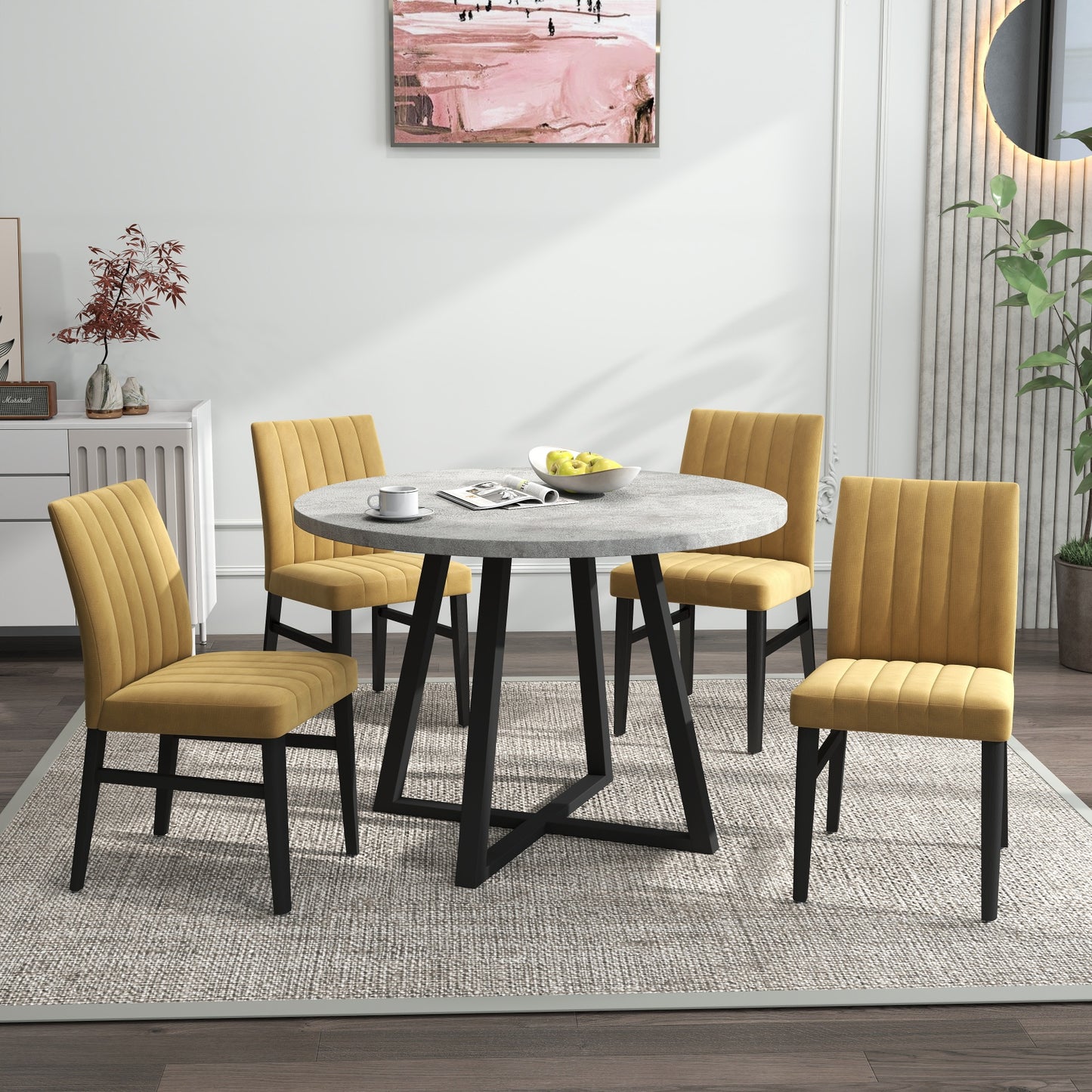 Tabner Edo 5-Piece Dining Set, Round Trestle Table and 4 Upholstered Chairs