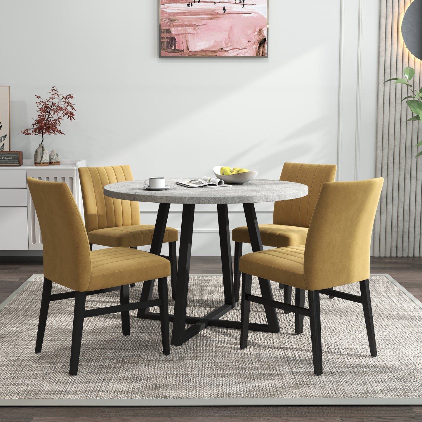 Tabner Edo 5-Piece Dining Set, Round Trestle Table and 4 Upholstered Chairs