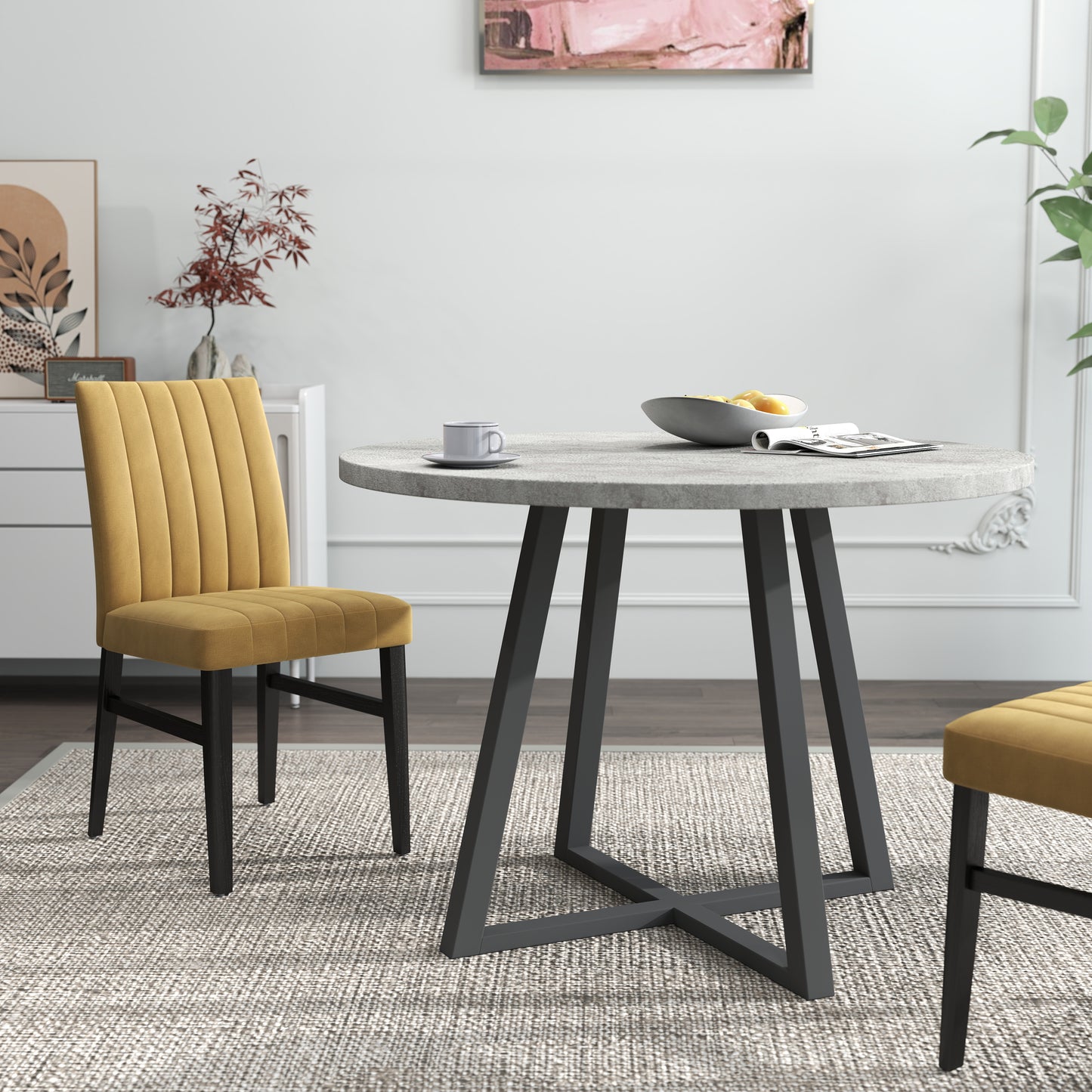Tabner Edo 5-Piece Dining Set, Round Trestle Table and 4 Upholstered Chairs