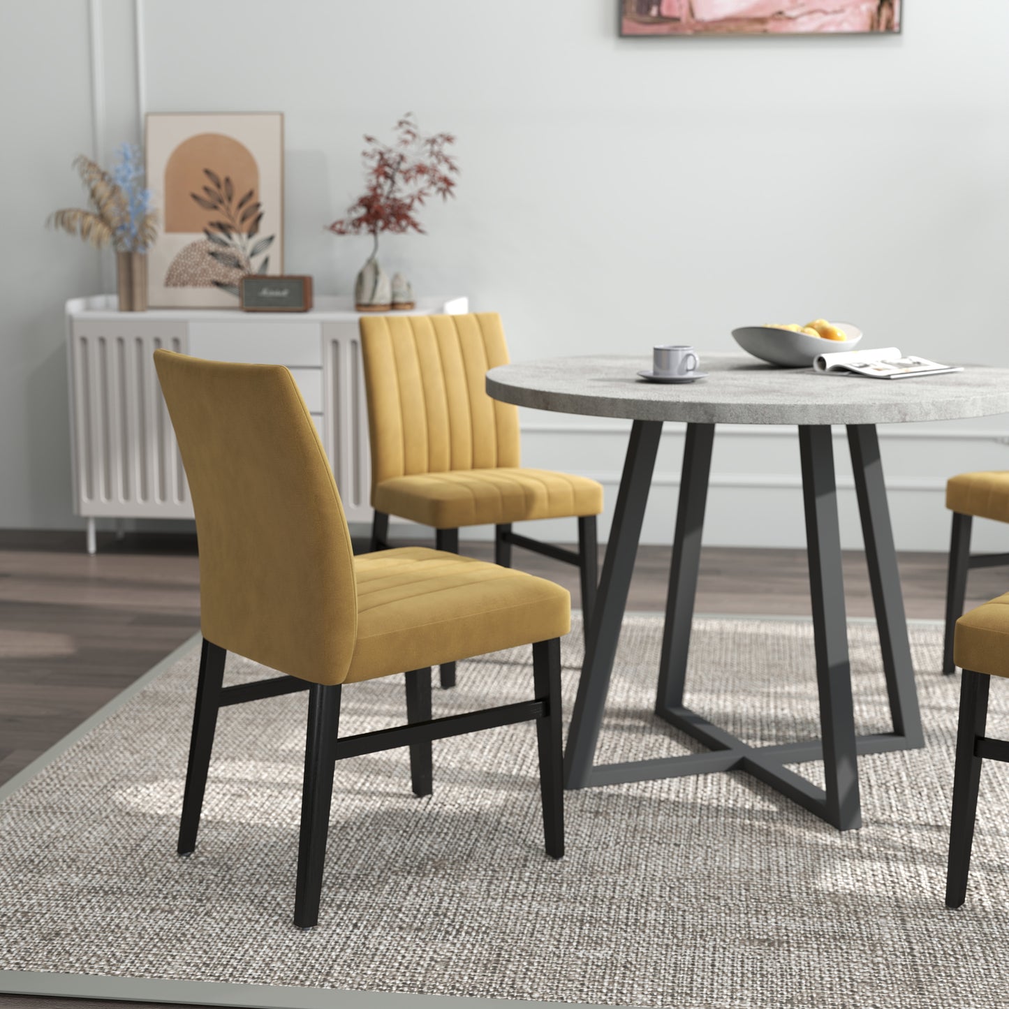 Tabner Edo 5-Piece Dining Set, Round Trestle Table and 4 Upholstered Chairs