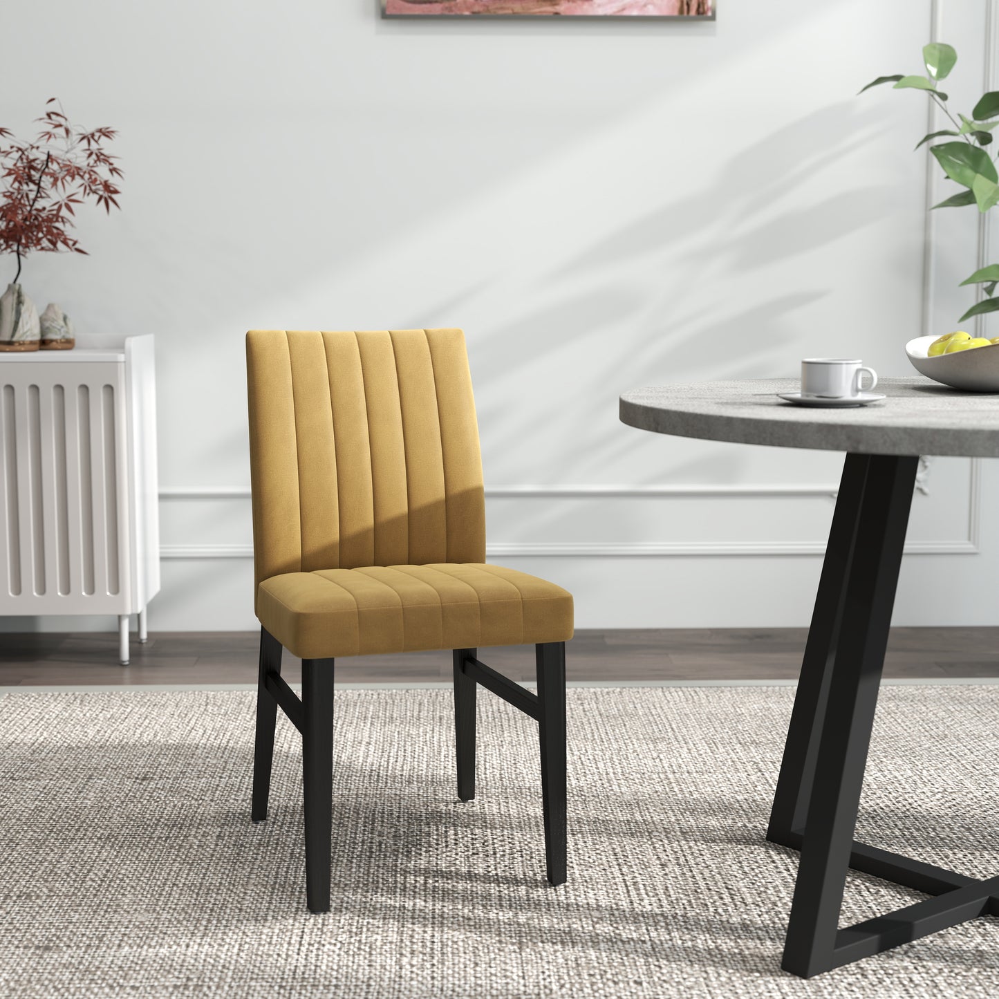 Tabner Edo 5-Piece Dining Set, Round Trestle Table and 4 Upholstered Chairs