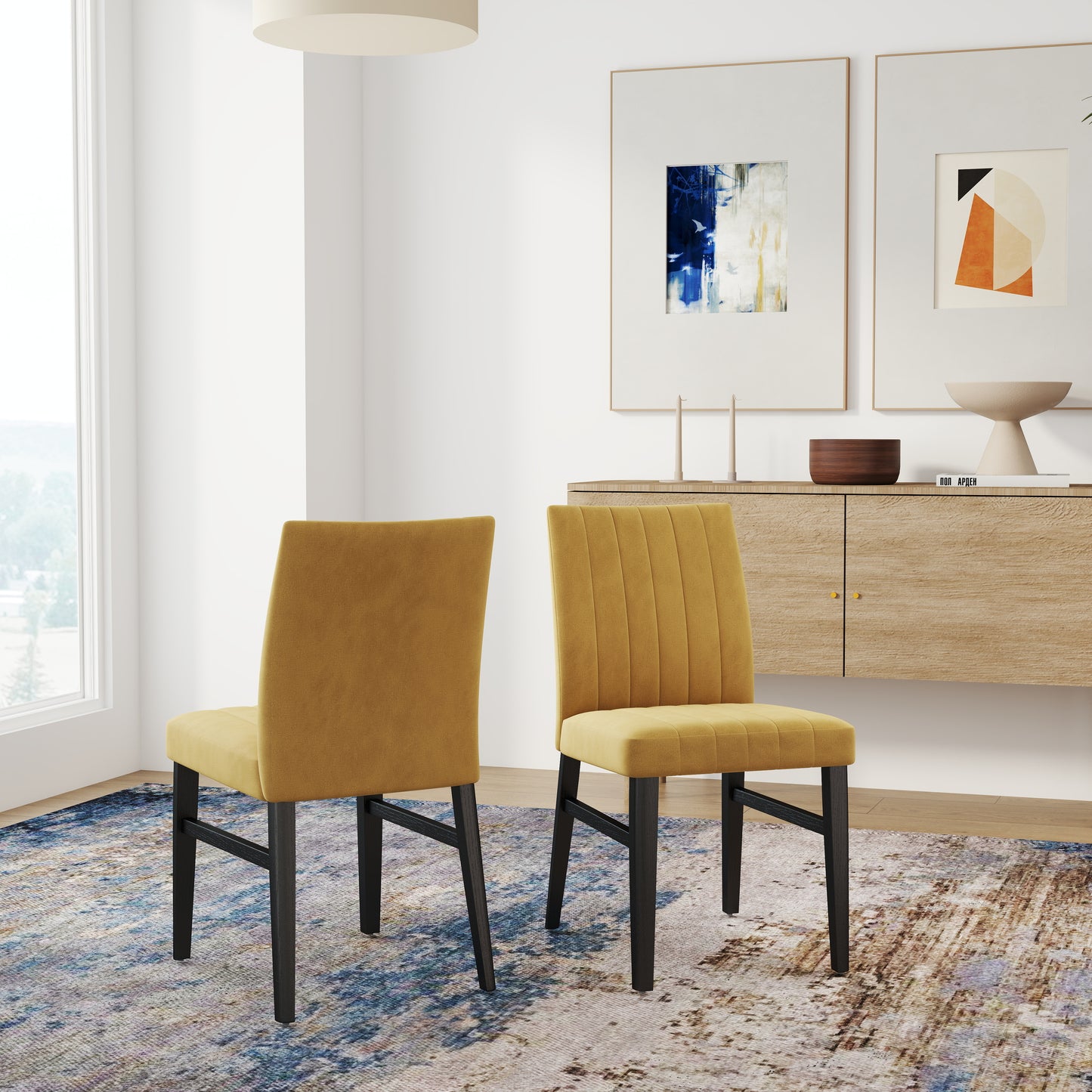 Tabner Edo 5-Piece Dining Set, Round Trestle Table and 4 Upholstered Chairs