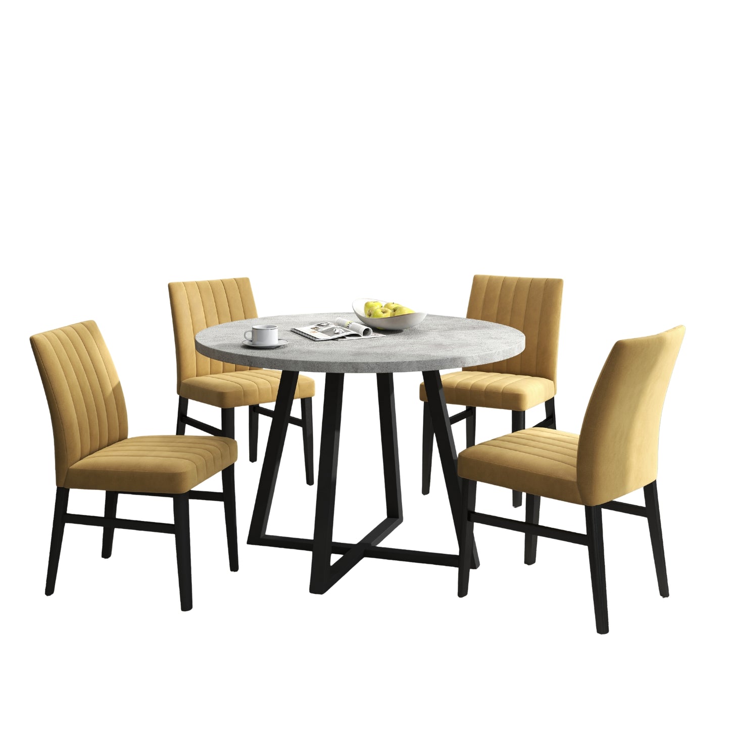 Tabner Edo 5-Piece Dining Set, Round Trestle Table and 4 Upholstered Chairs