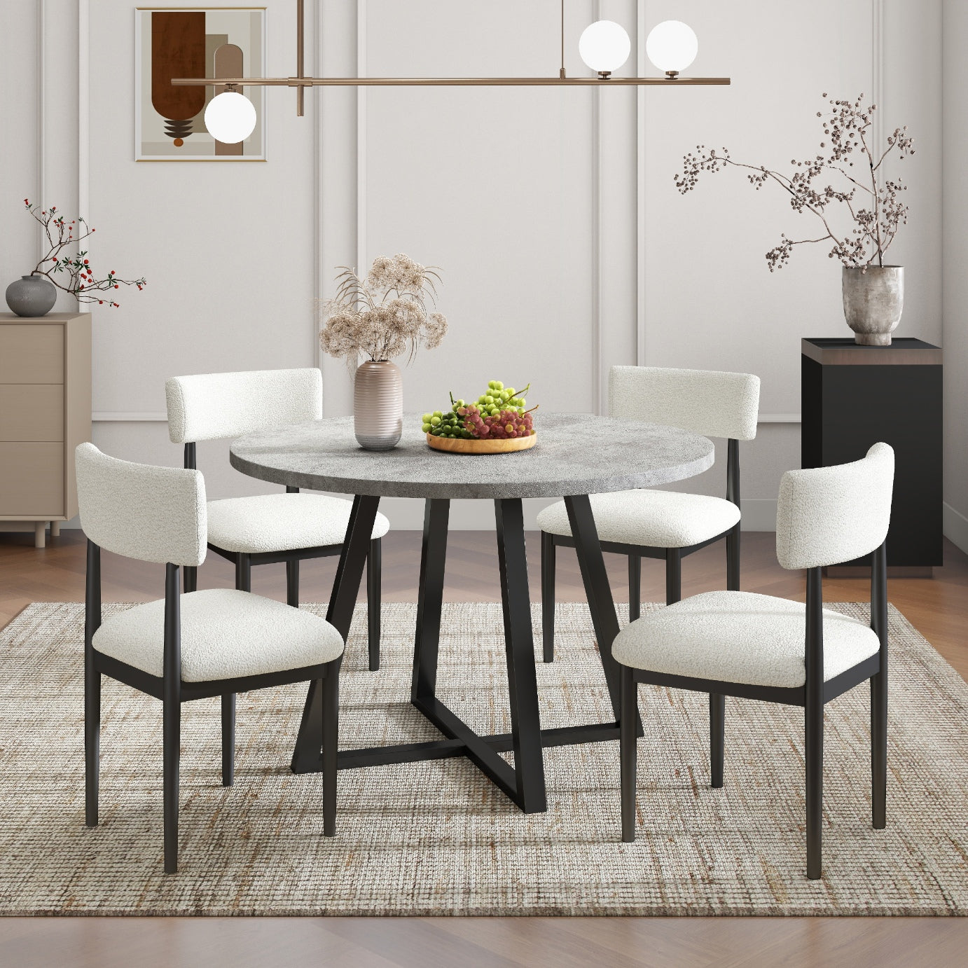 Tabner Edo 5-Piece Dining Set, Round Trestle Table and 4 Upholstered Chairs