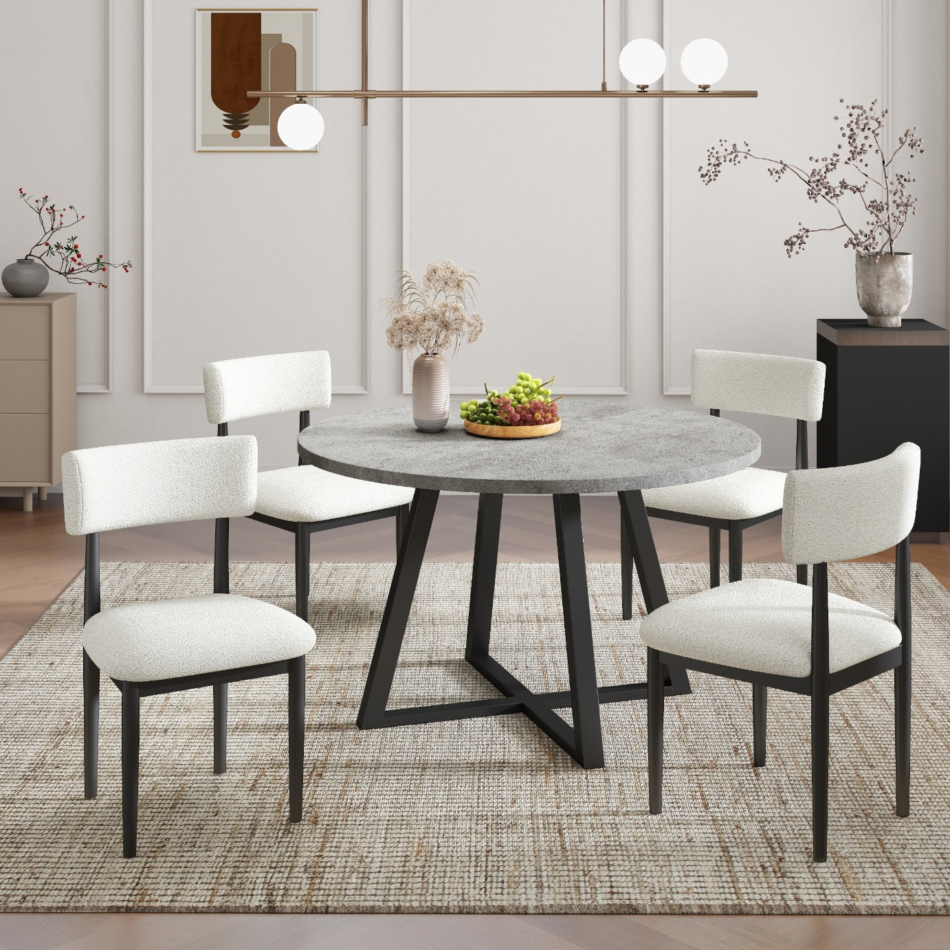 Tabner Edo 5-Piece Dining Set, Round Trestle Table and 4 Upholstered Chairs