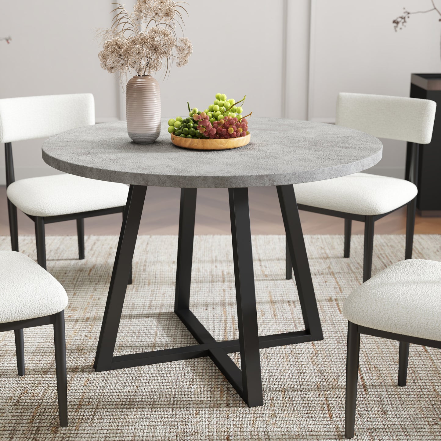 Tabner Edo 5-Piece Dining Set, Round Trestle Table and 4 Upholstered Chairs