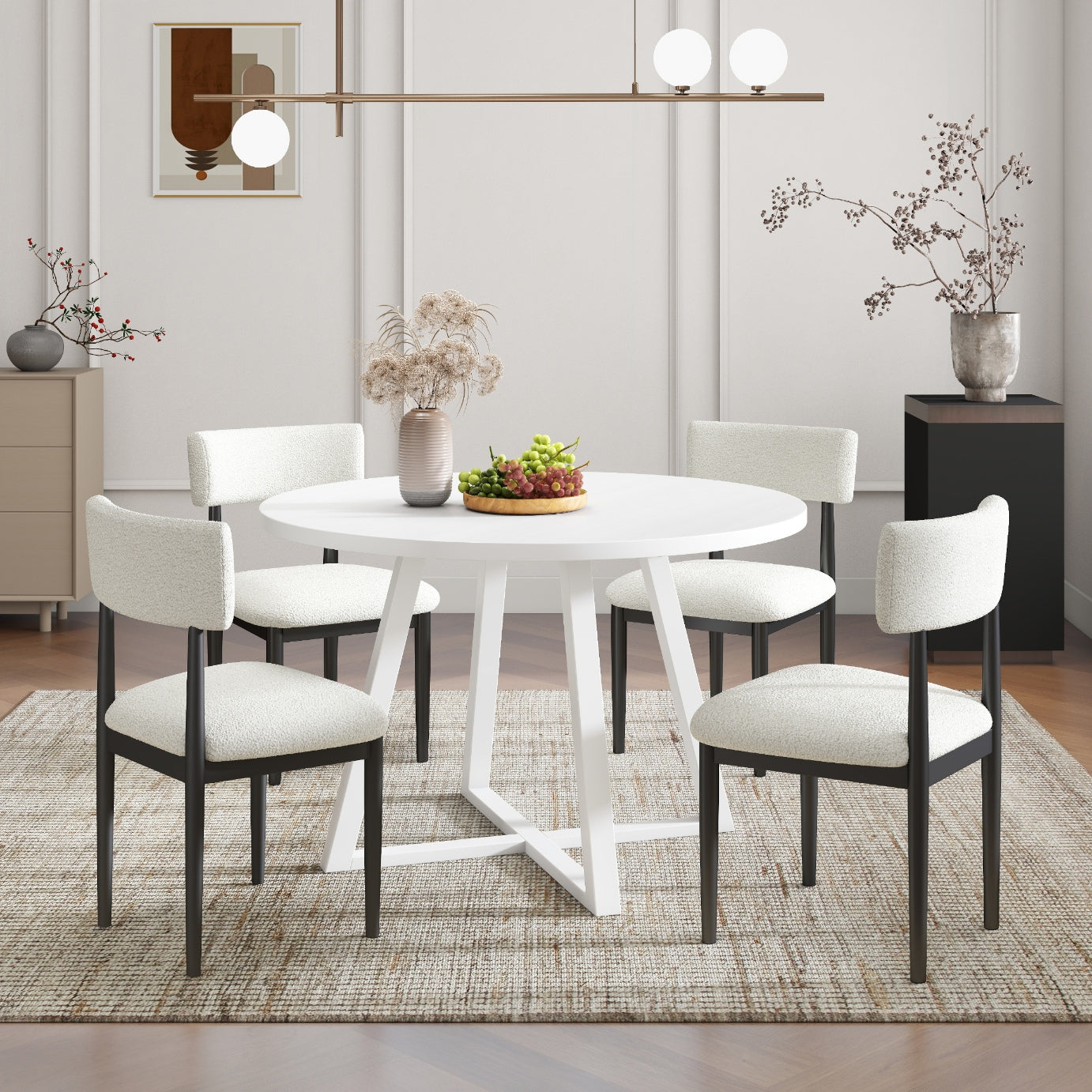 Tabner Edo 5-Piece Dining Set, Round Trestle Table and 4 Upholstered Chairs