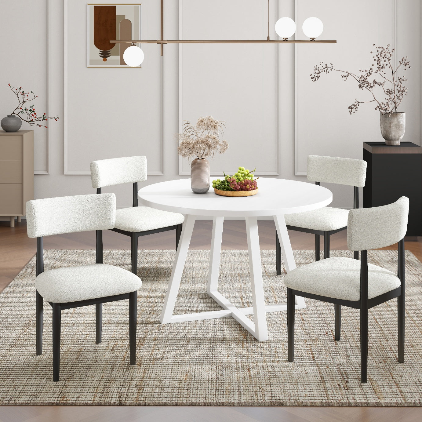 Tabner Edo 5-Piece Dining Set, Round Trestle Table and 4 Upholstered Chairs