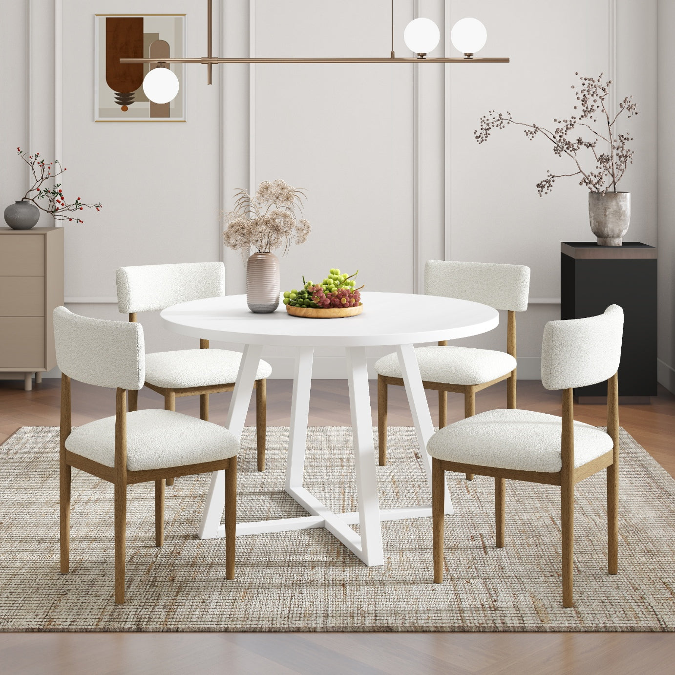 Tabner Edo 5-Piece Dining Set, Round Trestle Table and 4 Upholstered Chairs